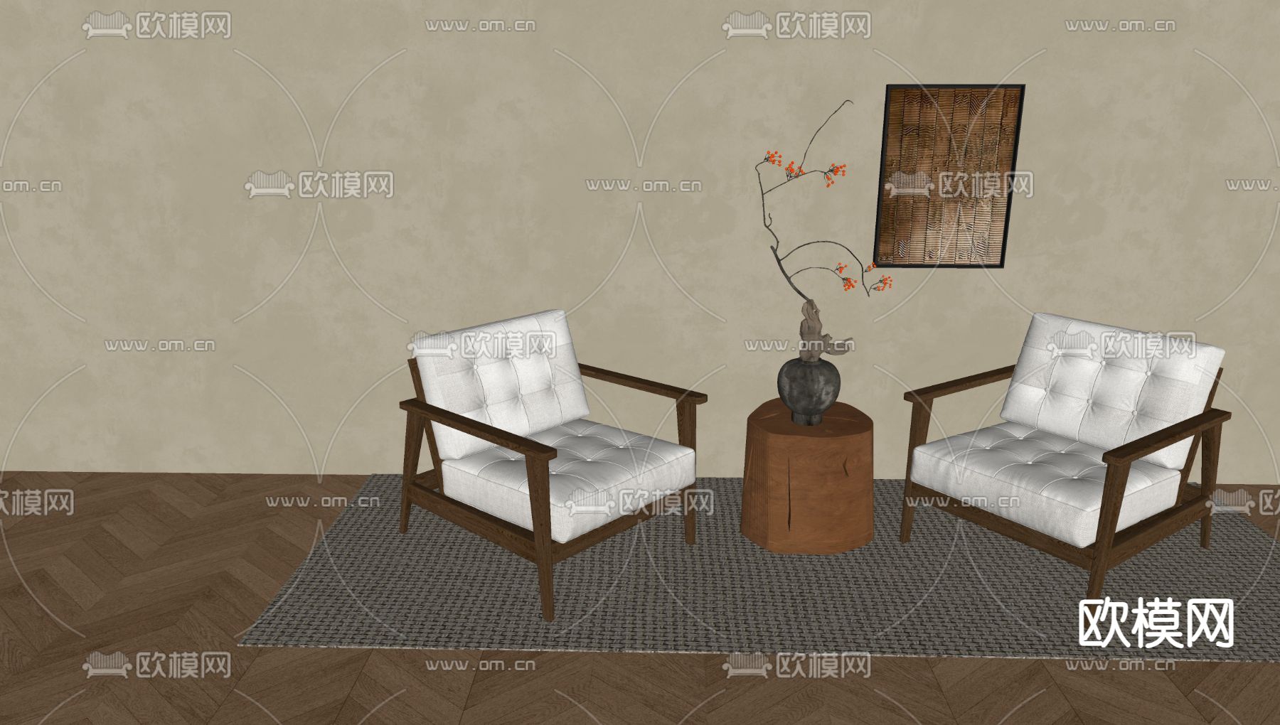 中古风休闲椅su模型下载（渲染图1）