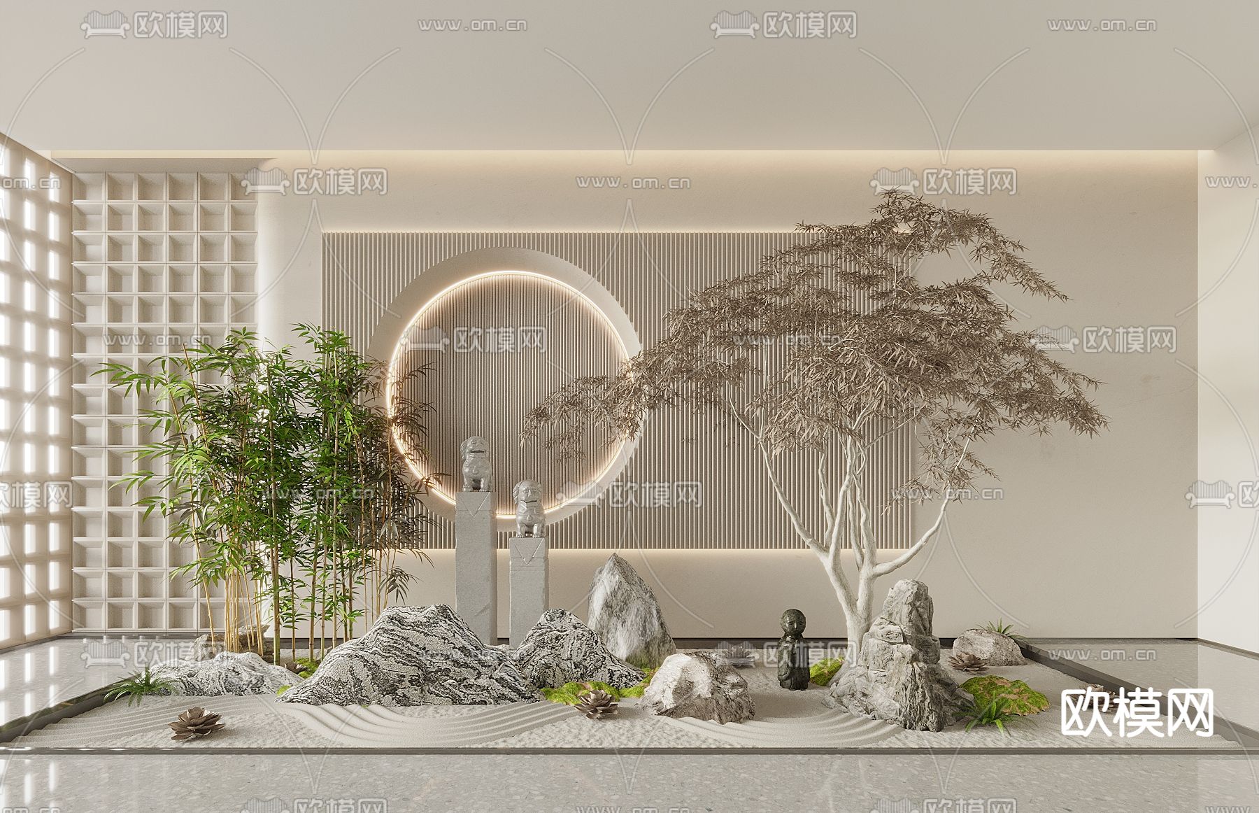 景观小品 竹子造景 石狮子雕塑3d模型下载