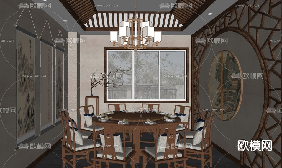 新中式中餐厅包房 包厢su模型下载(渲染图2)