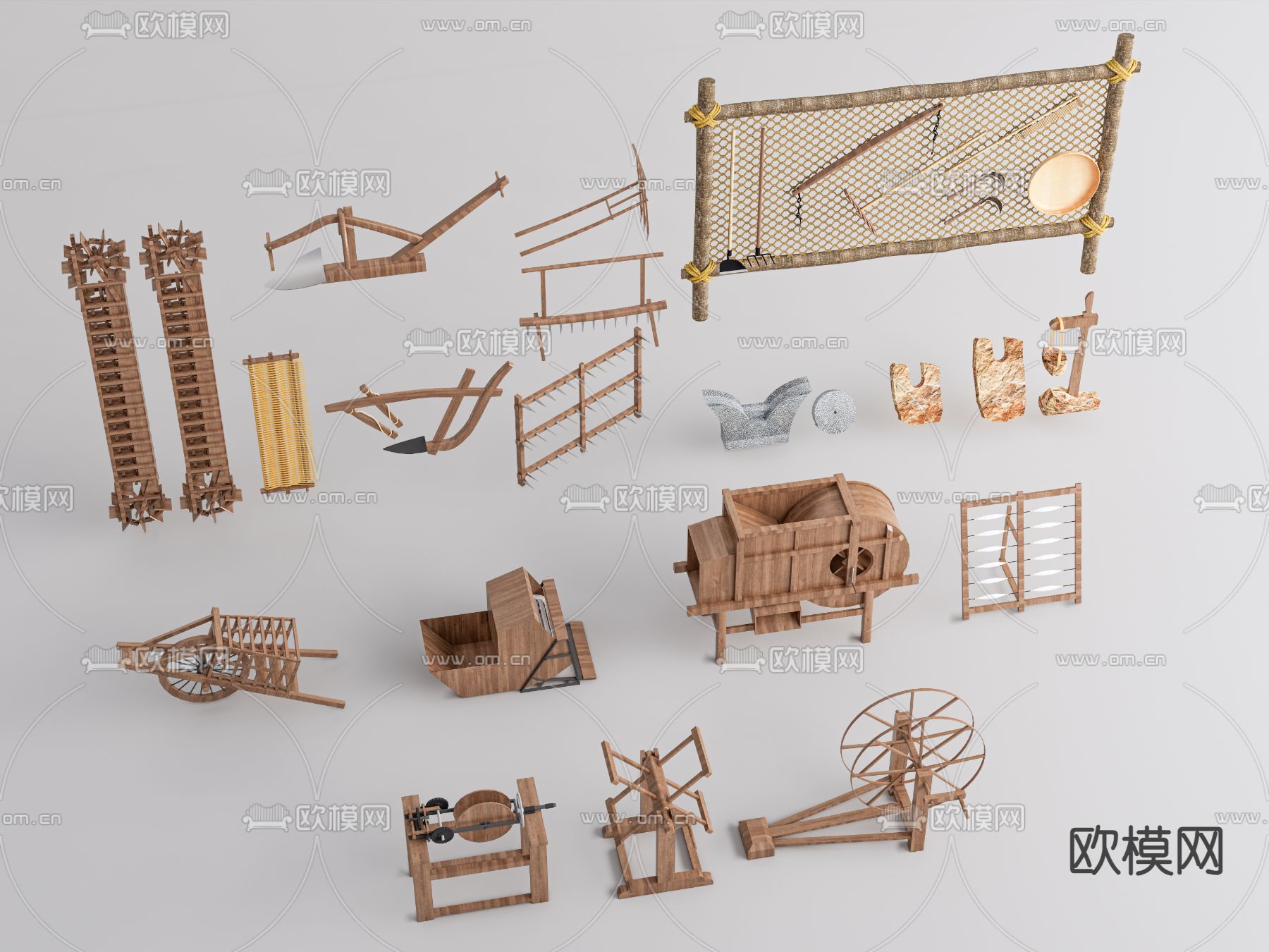 农用器械 锄头 镰刀 耕耘机 耙子su模型下载（渲染图2）