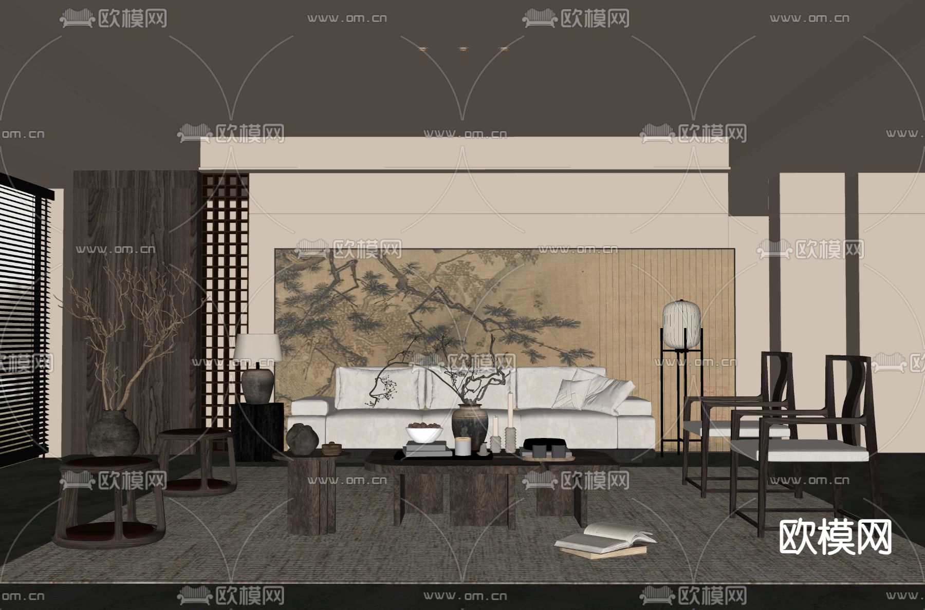 新中式客厅su模型下载（渲染图1）