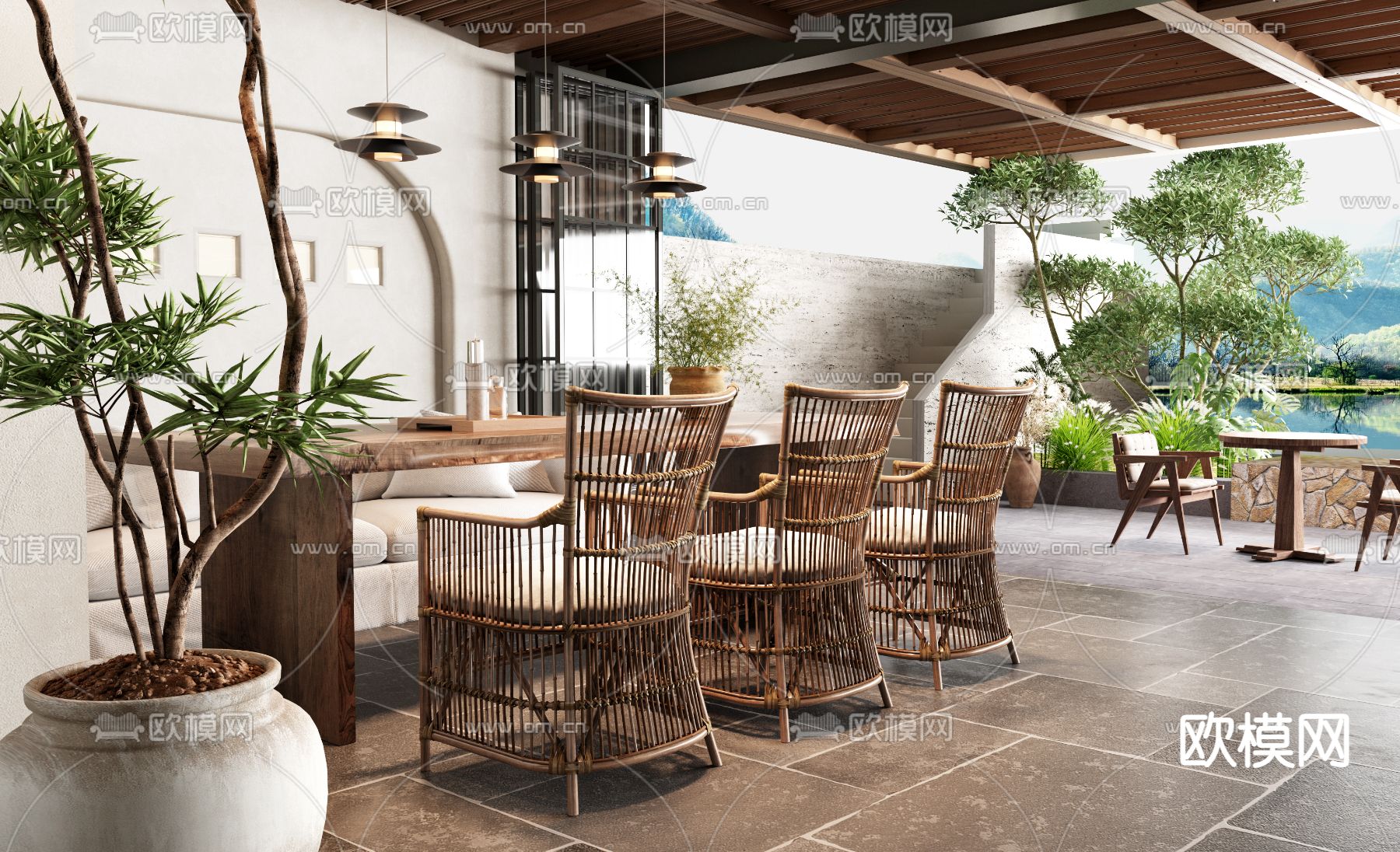 侘寂风民宿餐厅 会客厅su模型下载（渲染图2）