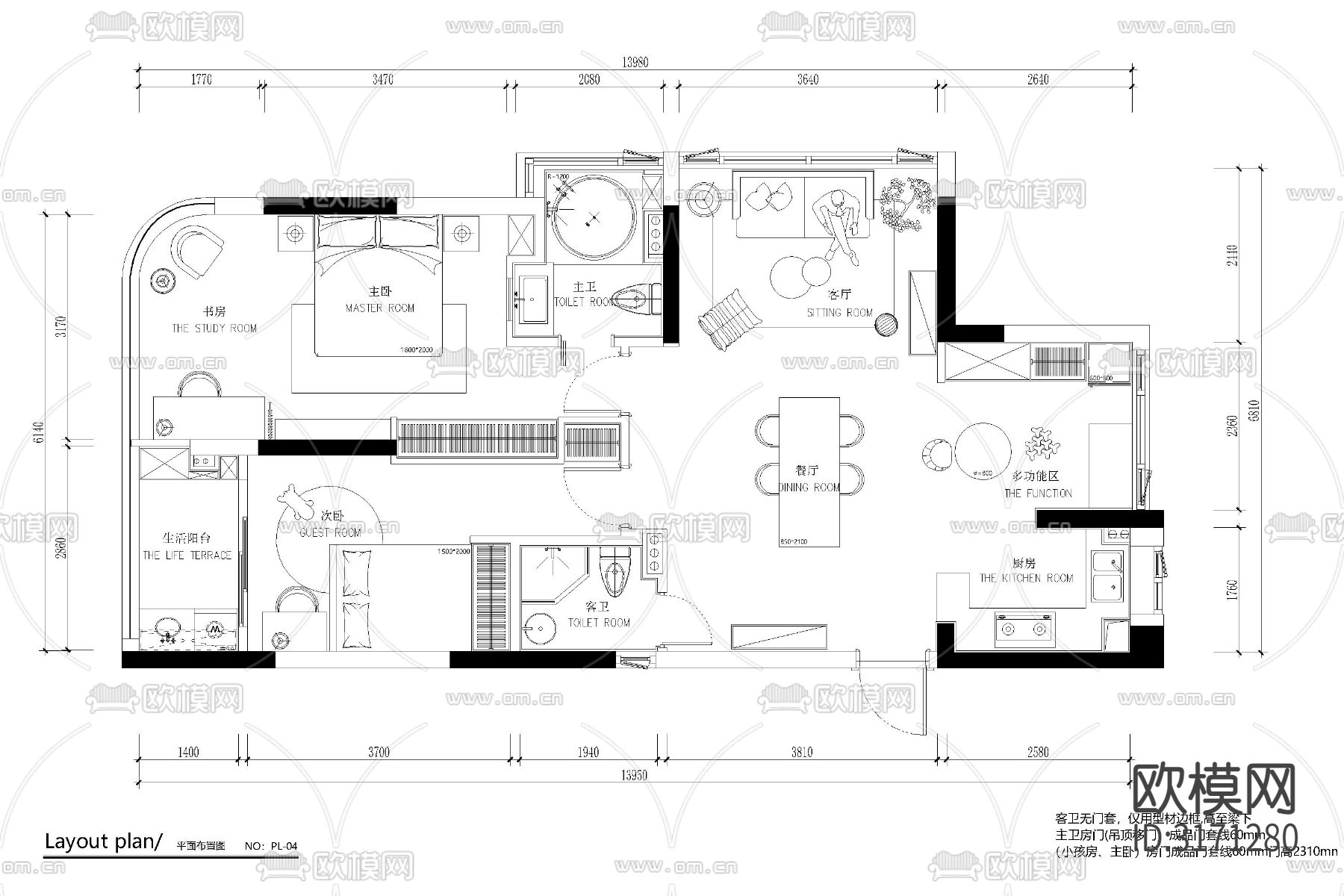 公寓小户型平面布局cad图库下载（渲染图1）