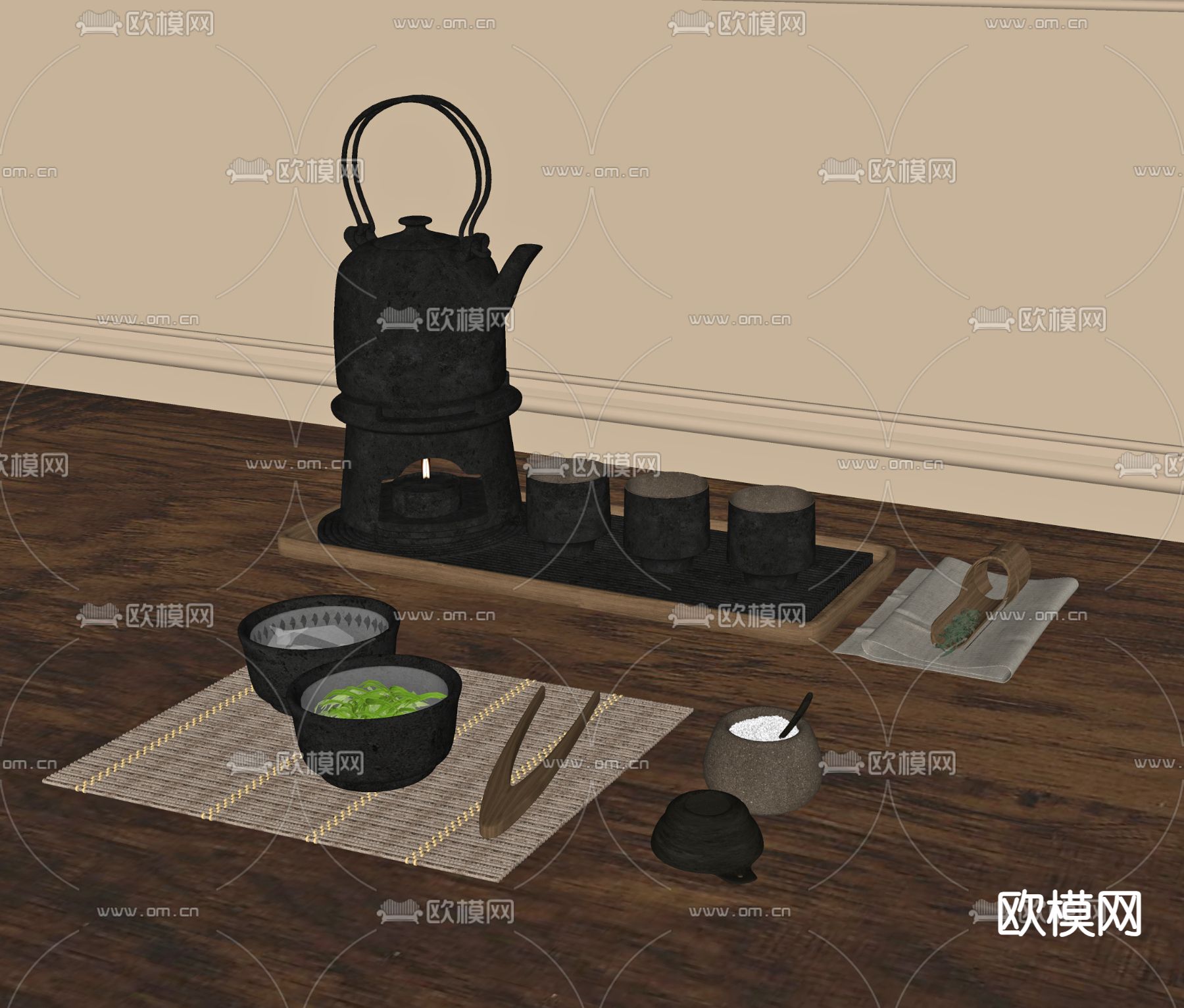 现代茶具 茶杯 茶壶su模型下载（渲染图1）