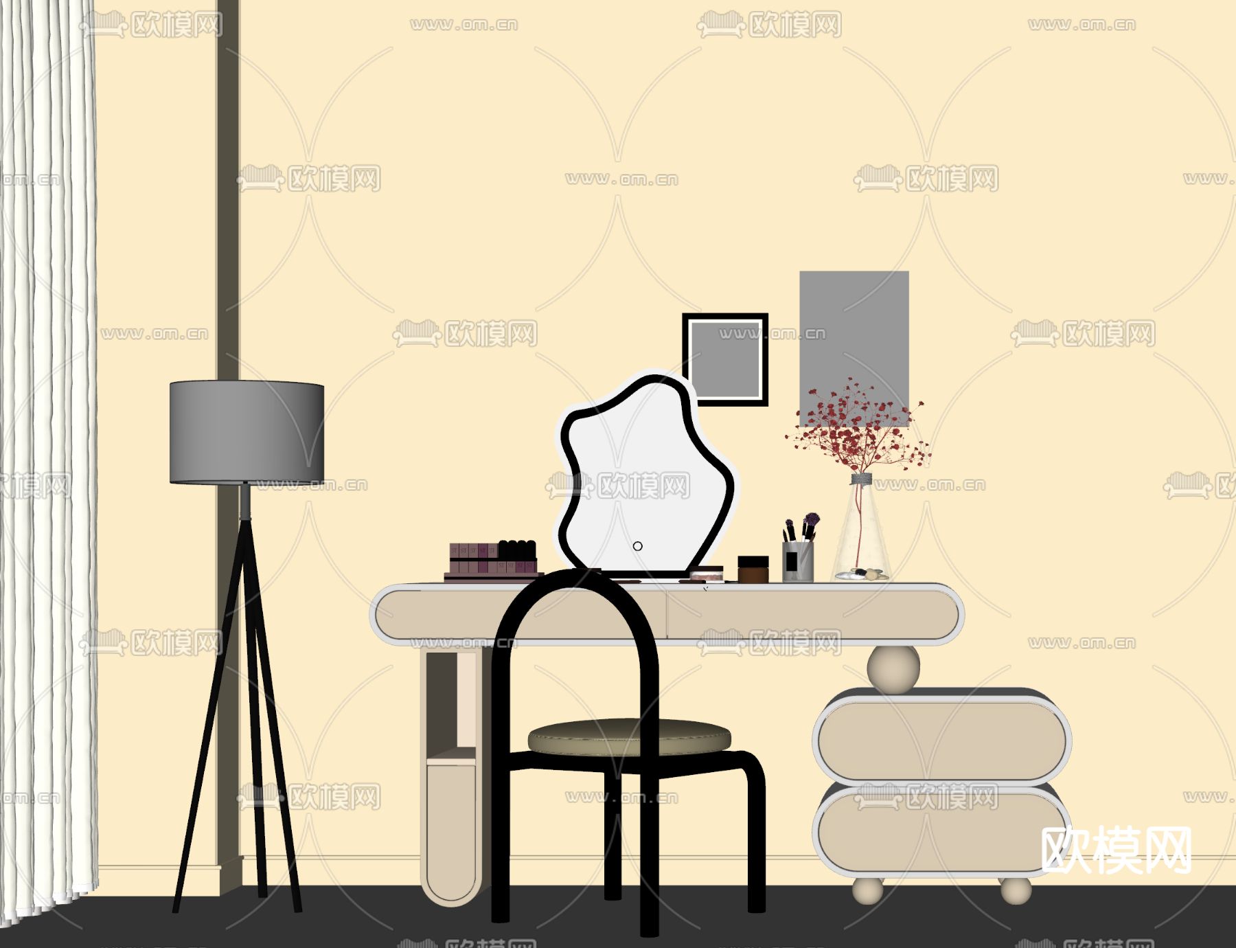 现代梳妆台 化妆桌su模型下载（渲染图2）
