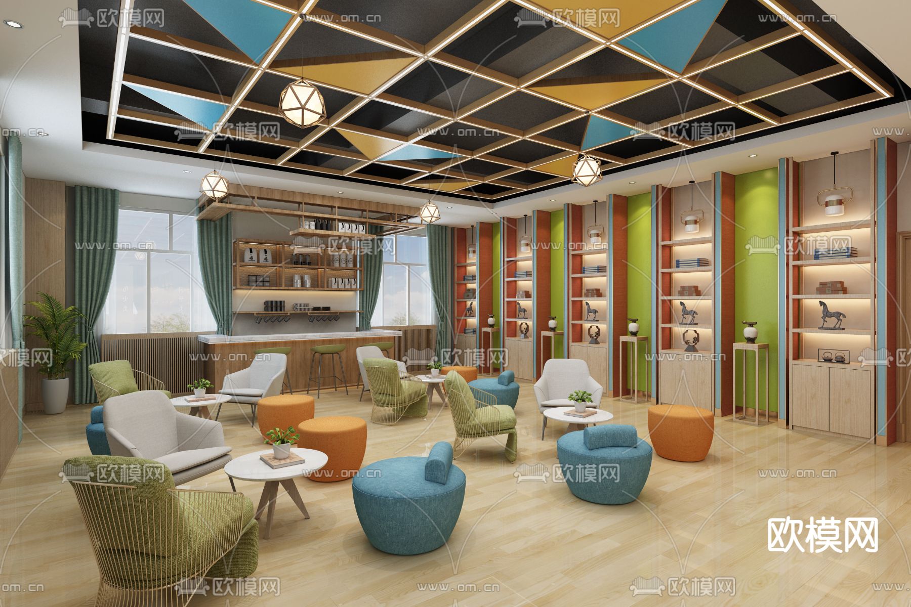 现代图书室 图书馆 书吧3d模型下载（渲染图1）