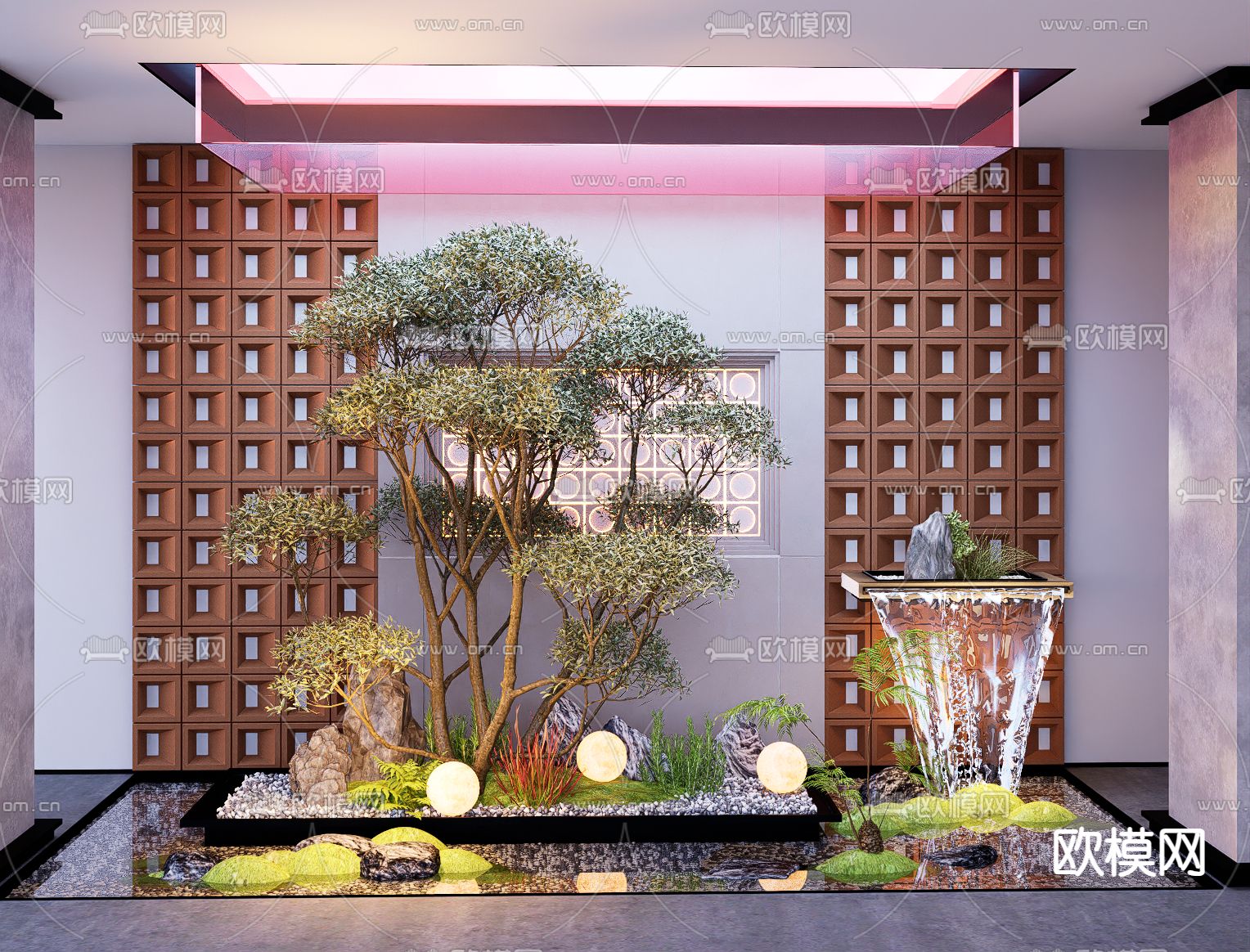 室内景观造景 景观小品 流水景墙su模型下载（渲染图2）