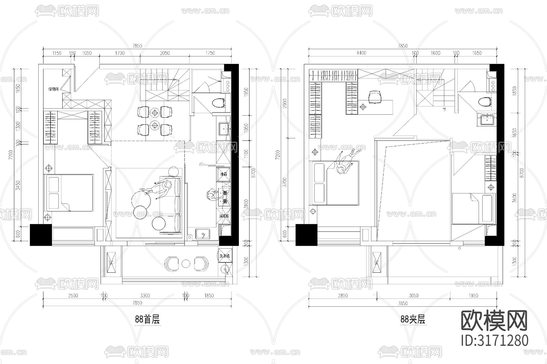 公寓小户型平面布局cad图库下载（渲染图6）