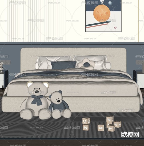 现代儿童床su模型下载(渲染图2)
