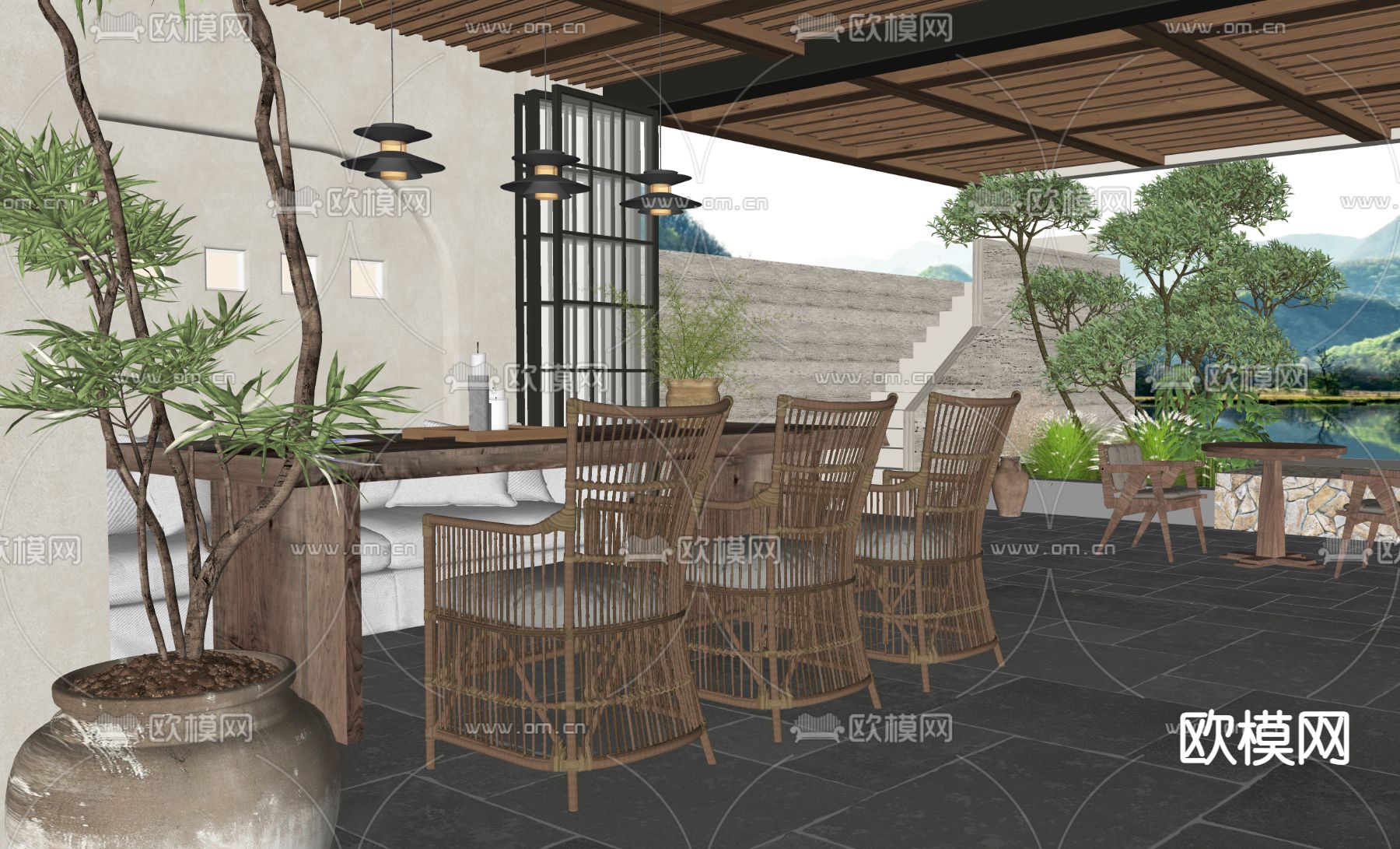 侘寂风民宿餐厅 会客厅su模型下载（渲染图1）