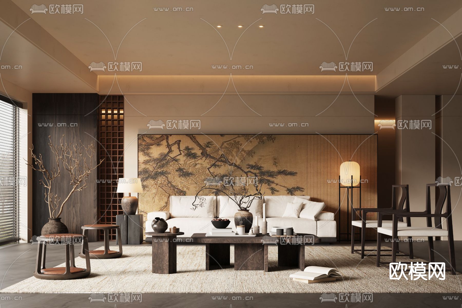 新中式客厅su模型下载（渲染图2）