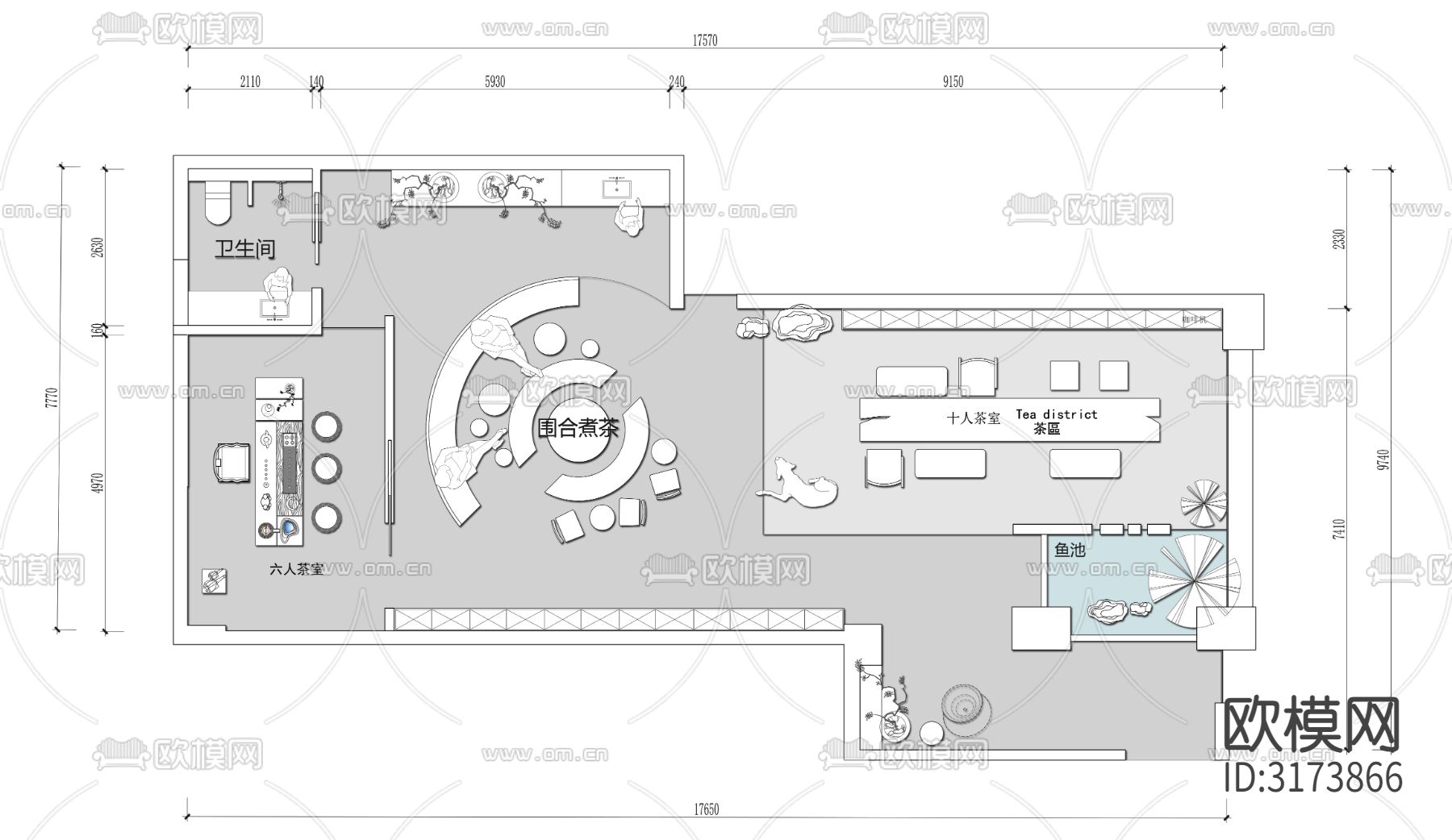 茶馆茶楼 茶叶专卖店cad平面图下载（渲染图1）