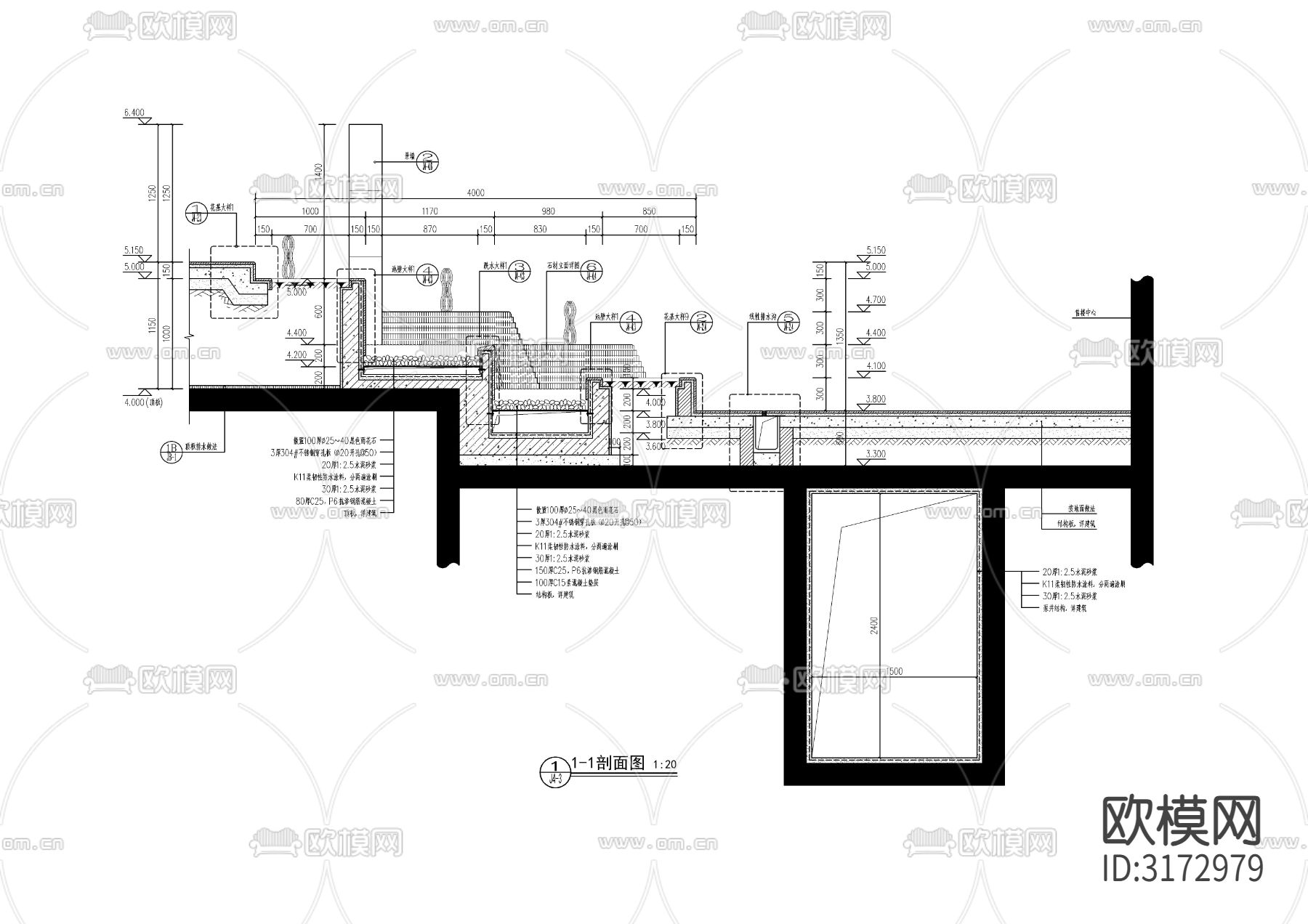 示范区镜面水景cad大样图下载（渲染图7）