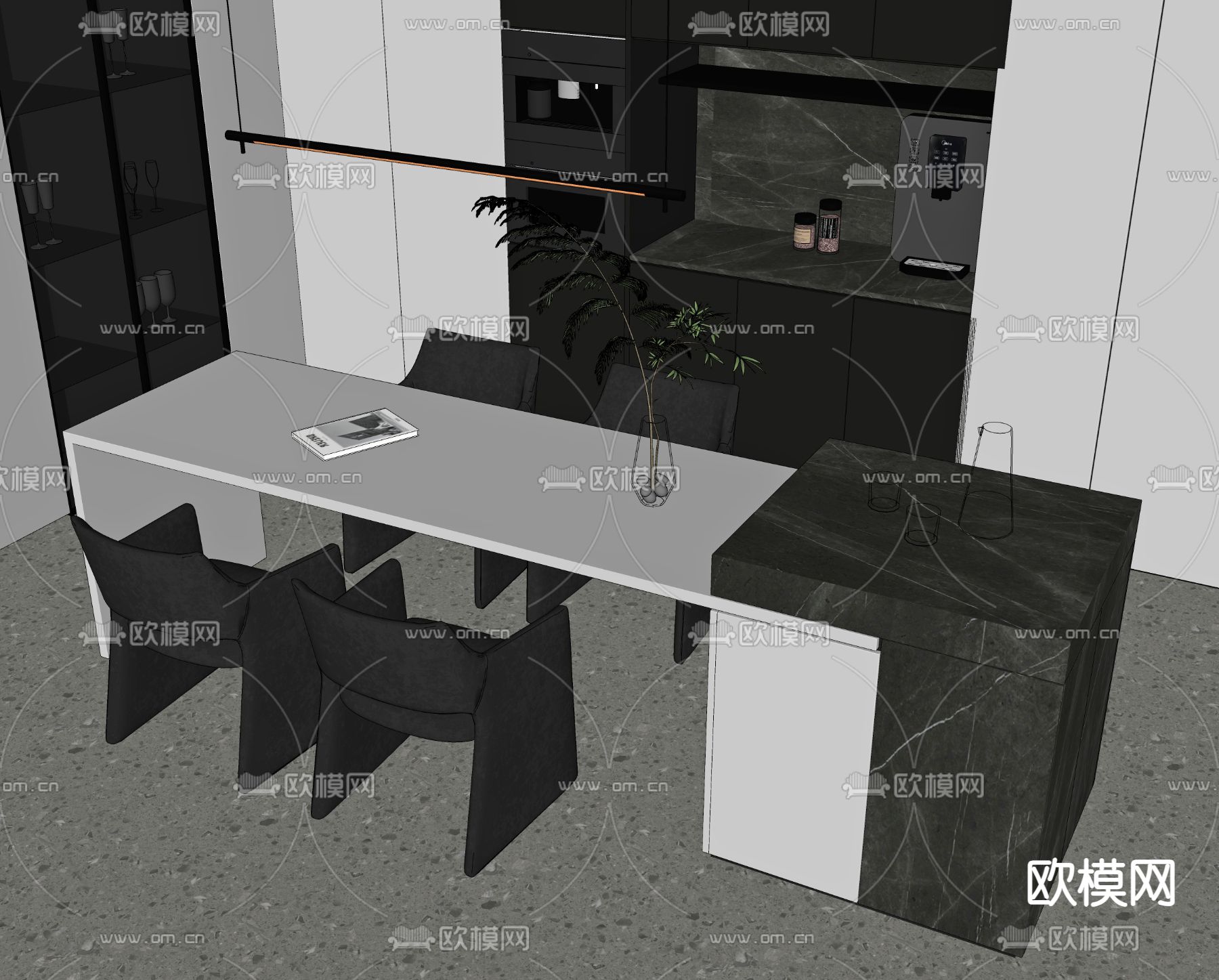 现代岛台餐桌su模型下载（渲染图1）