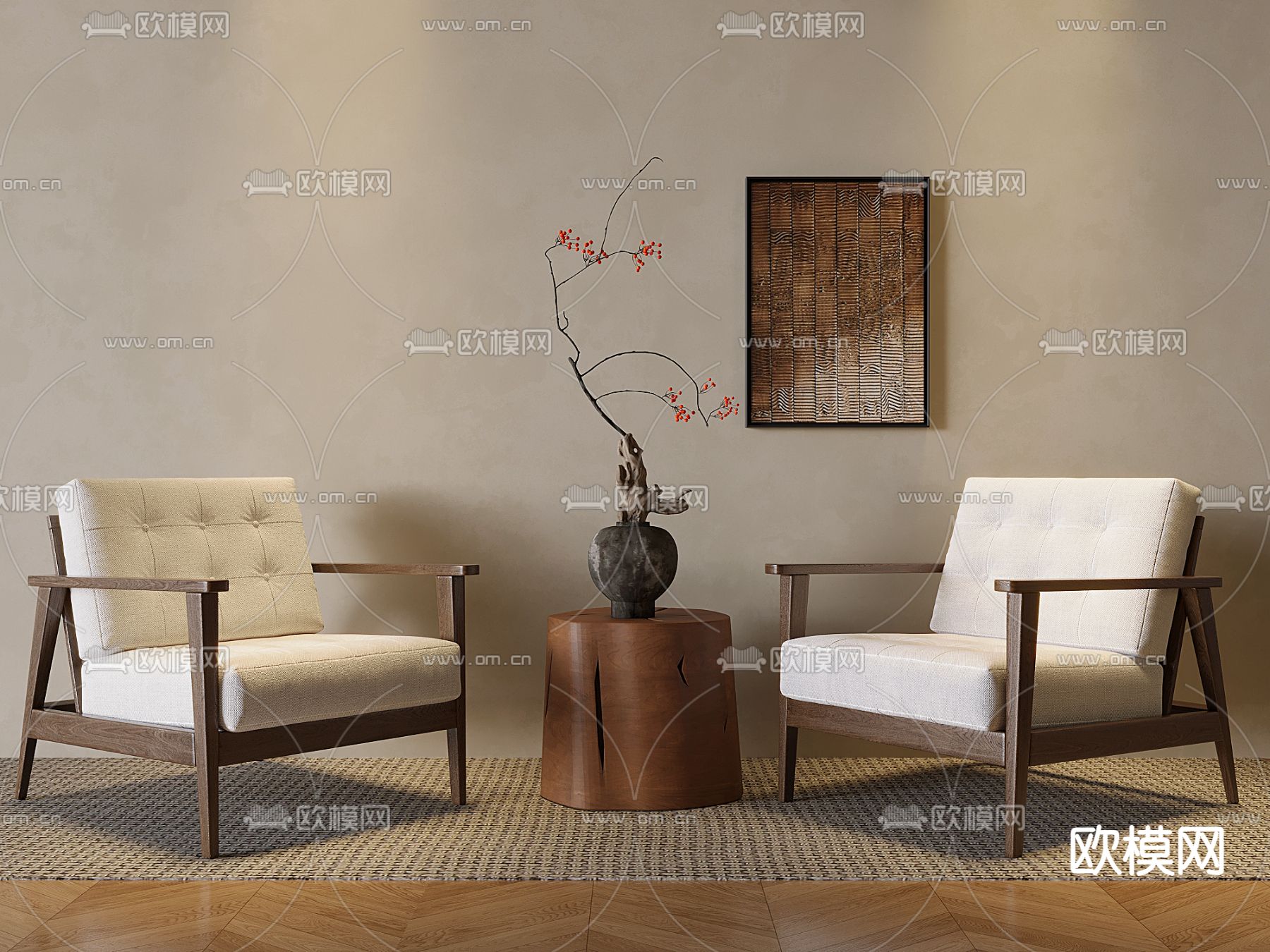 中古风休闲椅su模型下载（渲染图2）