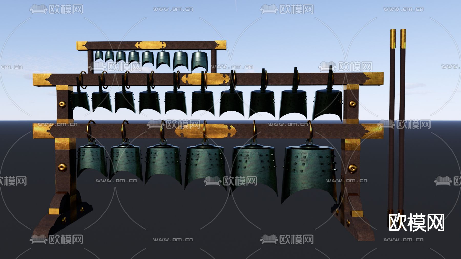 中式乐器 编钟su模型下载（渲染图2）