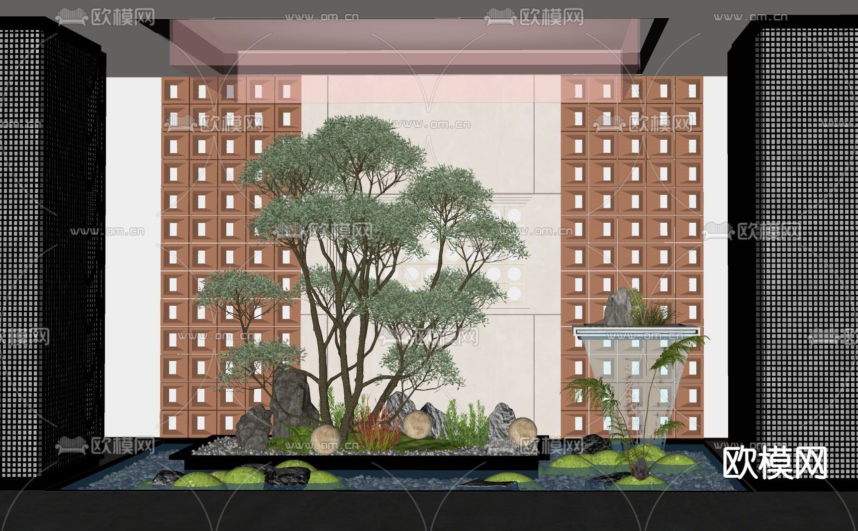 室内景观造景 景观小品 流水景墙su模型下载（渲染图1）