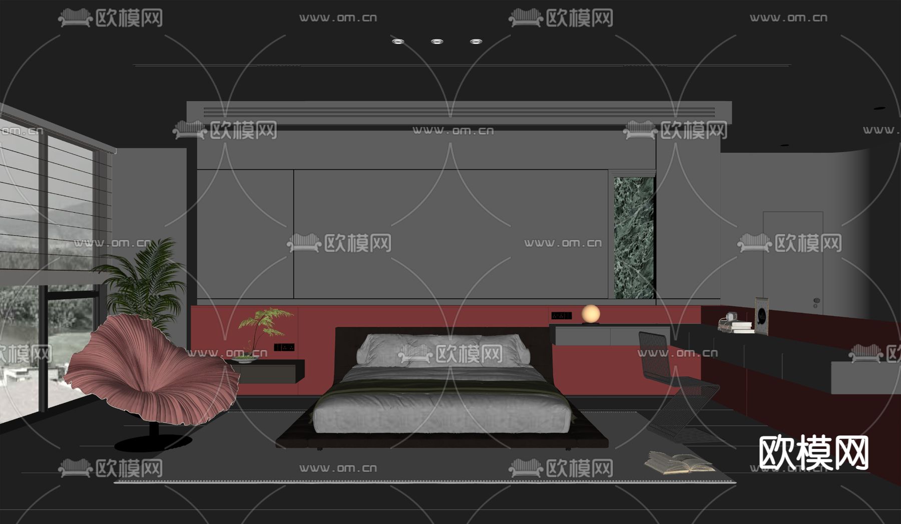 暗黑风卧室 主卧 主人房su模型下载（渲染图1）