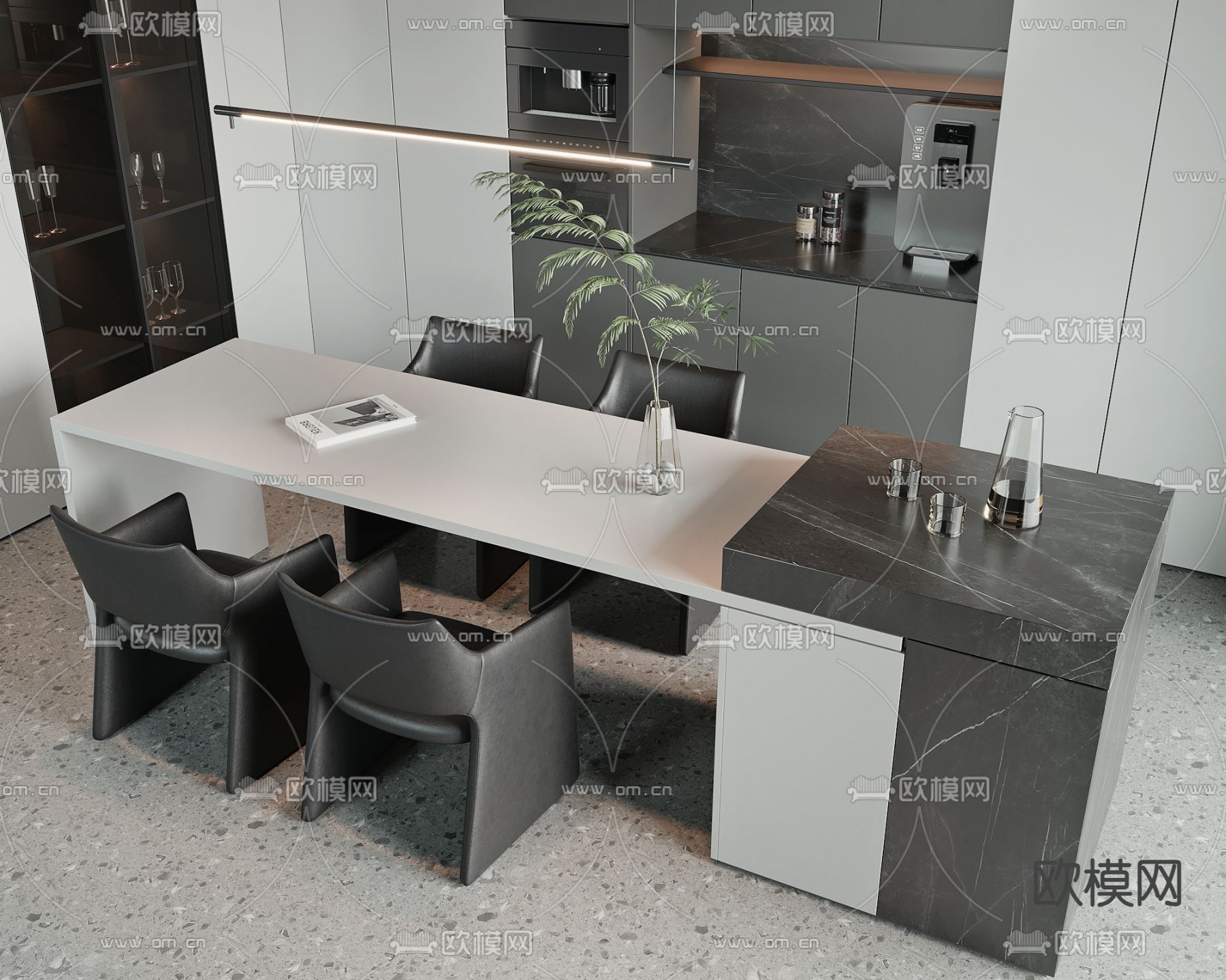 现代岛台餐桌su模型下载（渲染图2）