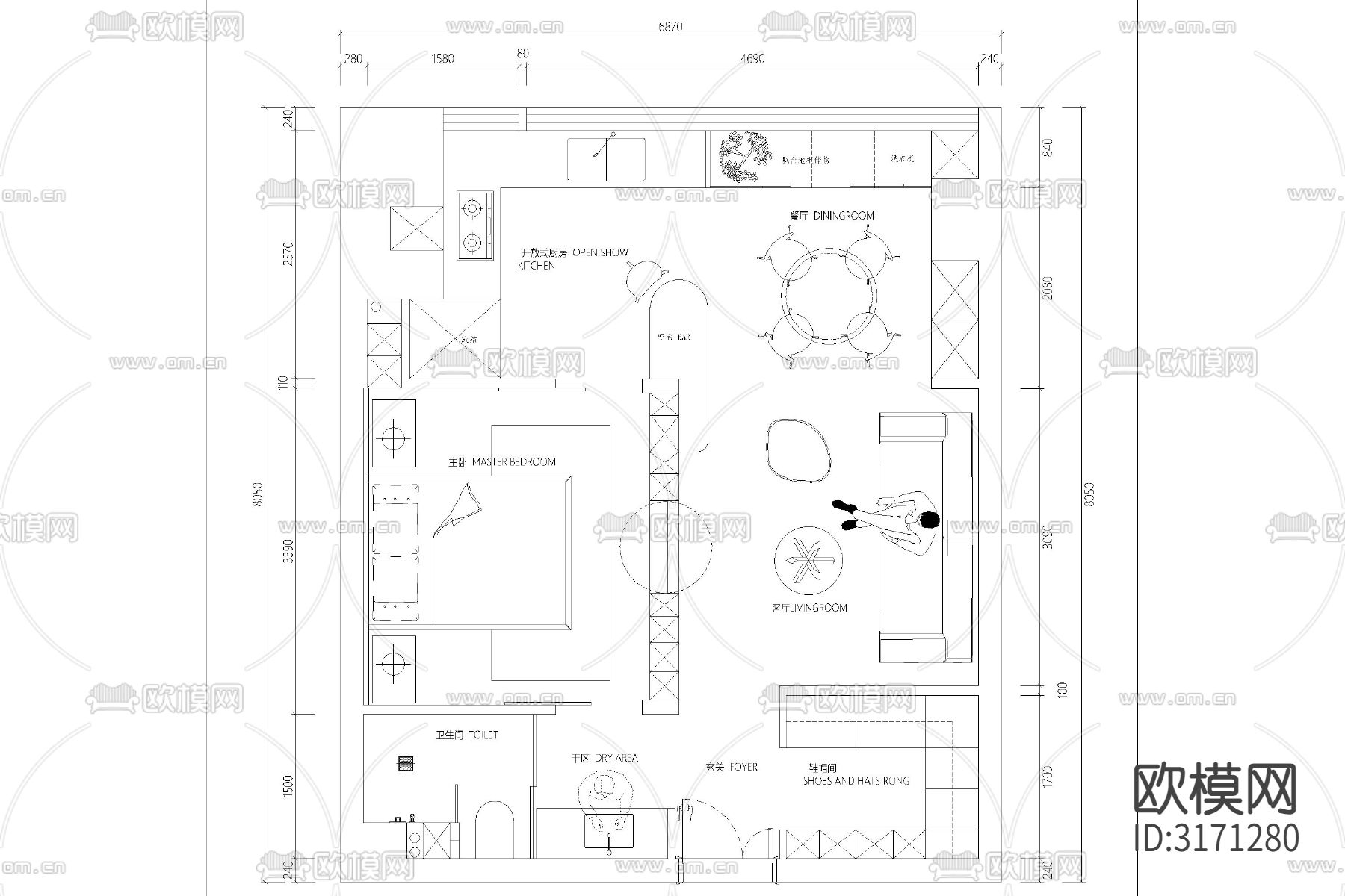 公寓小户型平面布局cad图库下载（渲染图4）