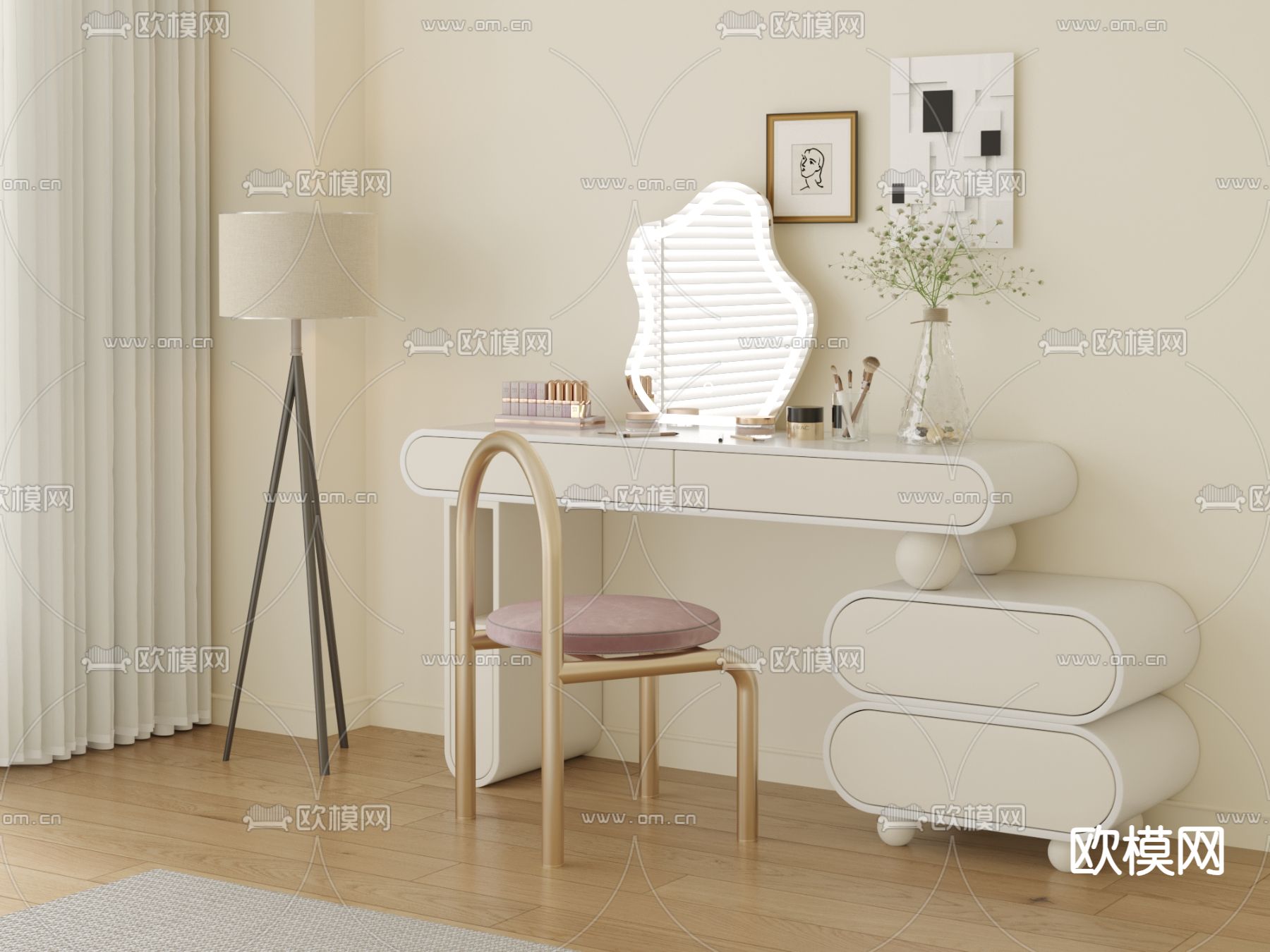 现代梳妆台 化妆桌su模型下载（渲染图1）