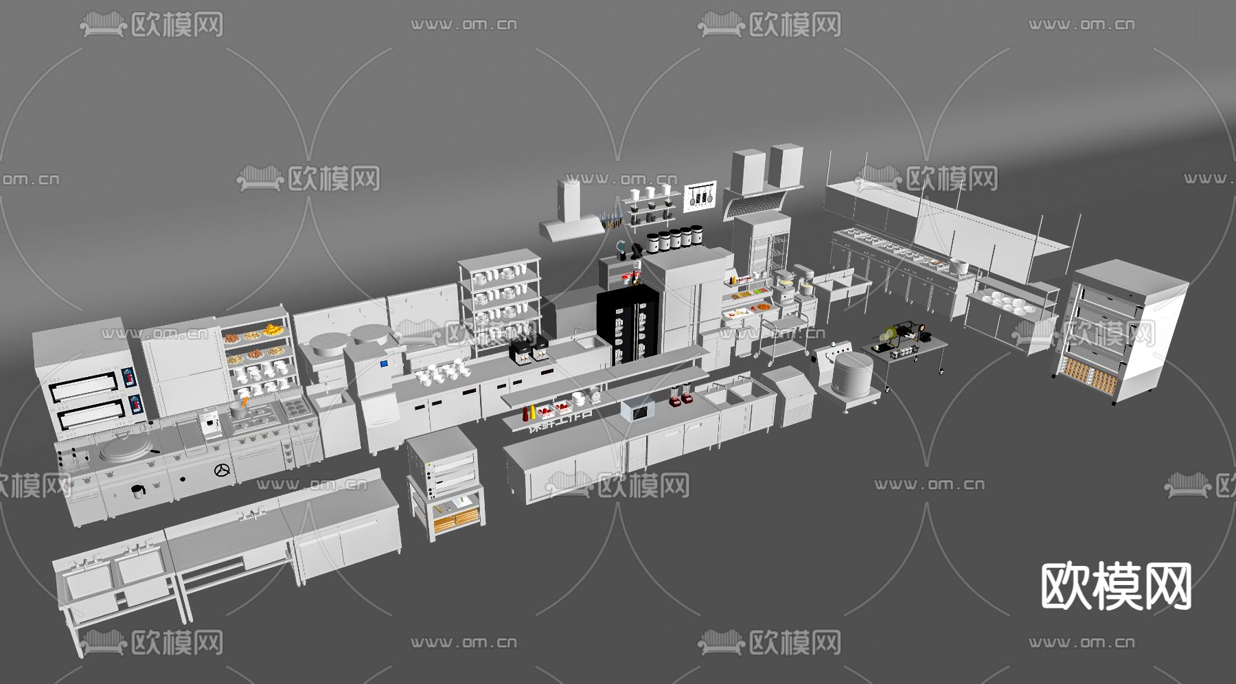 现场小吃店设备 餐饮后厨设备 食堂操作台su模型下载（渲染图1）