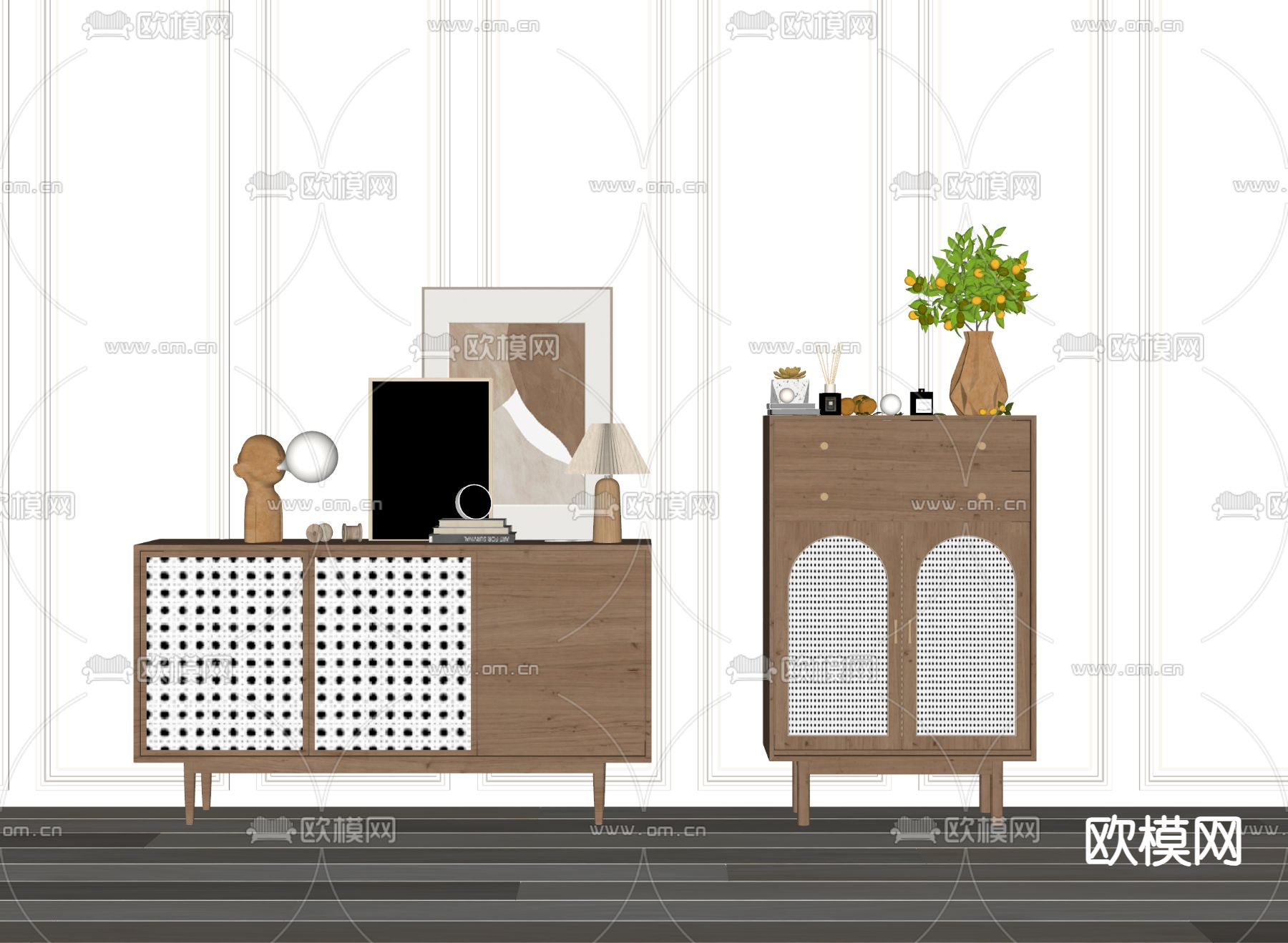 北欧风边柜 藤编柜su模型下载（渲染图2）