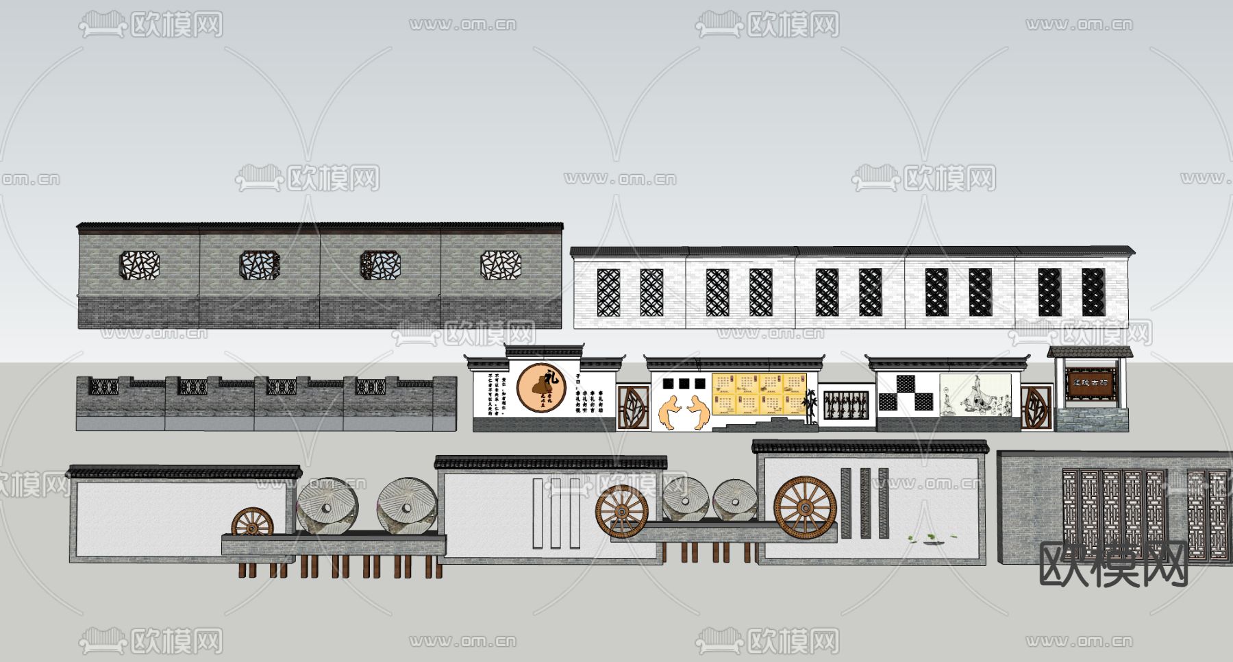 青砖青瓦景墙 花墙 乡村特色景墙 围墙 花墙su模型