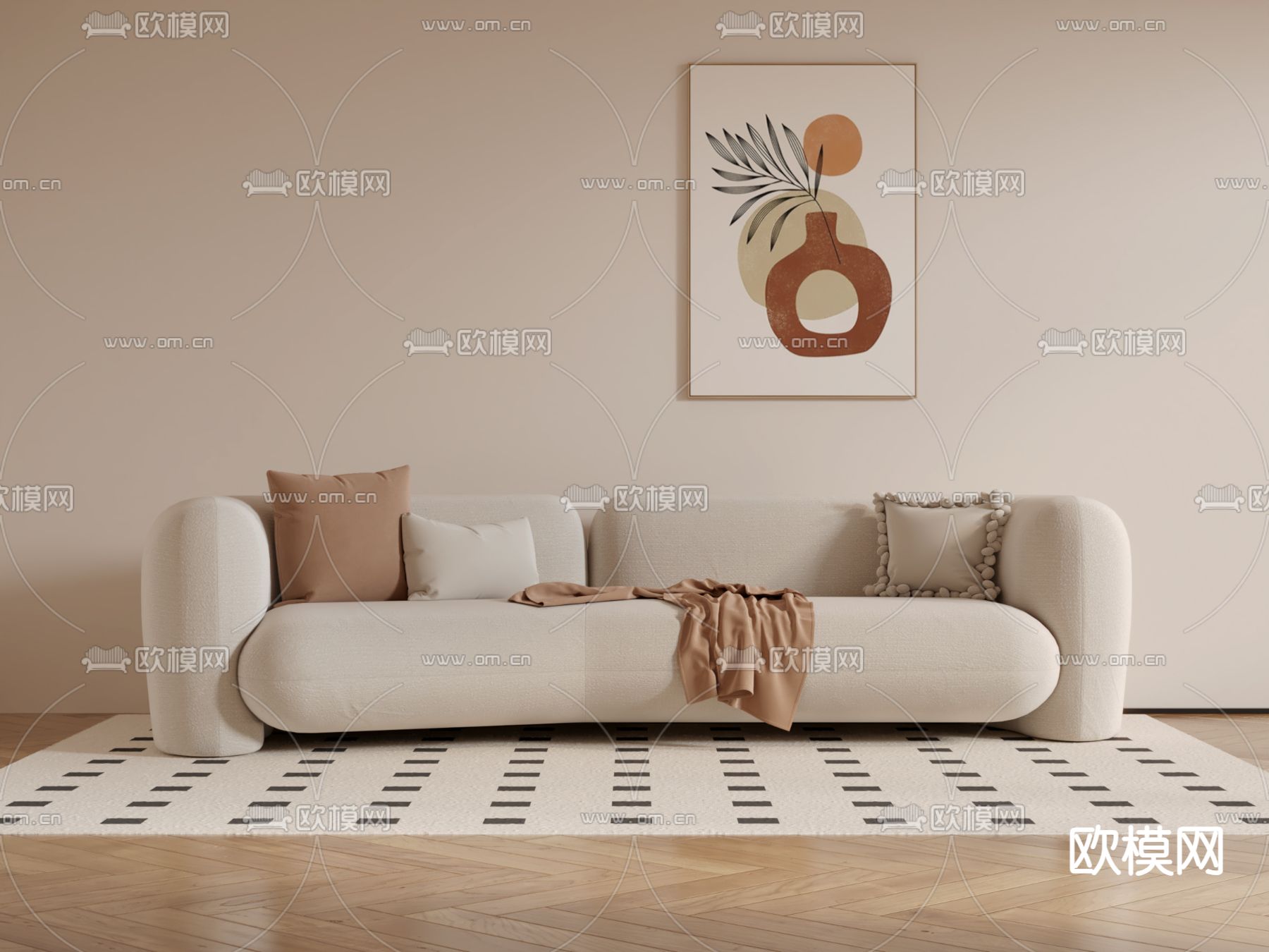 奶油风沙发 多人沙发3d模型下载