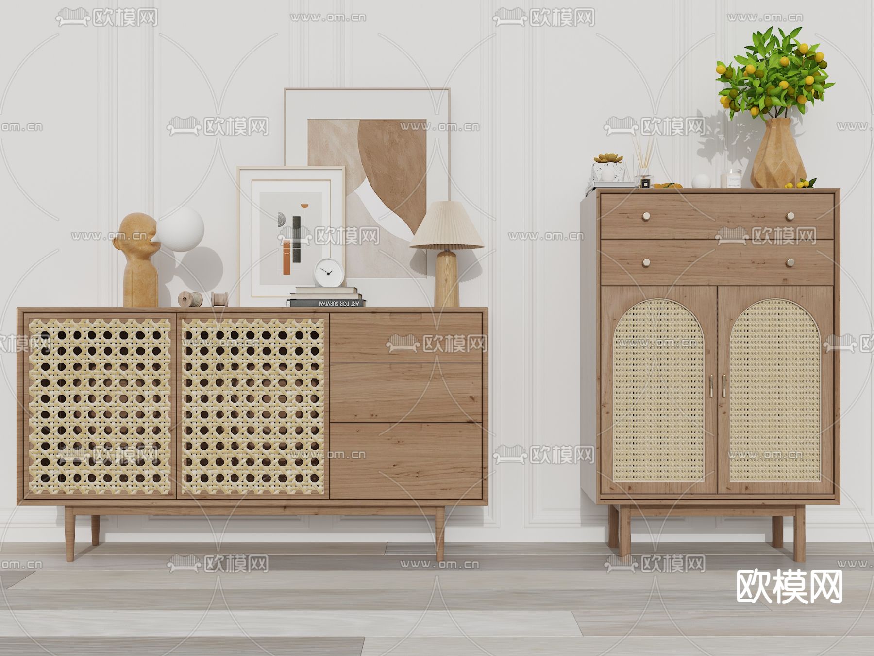北欧风边柜 藤编柜su模型下载（渲染图1）