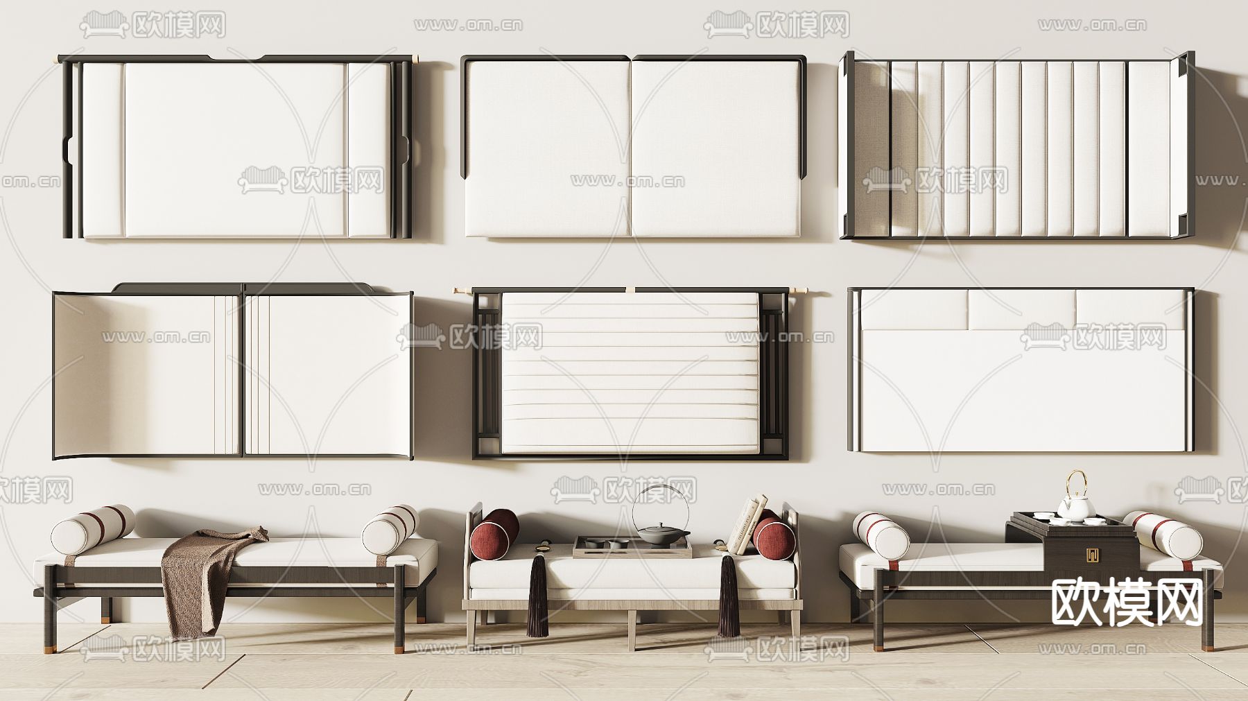 新中式 床头靠背 床尾凳su模型下载（渲染图1）