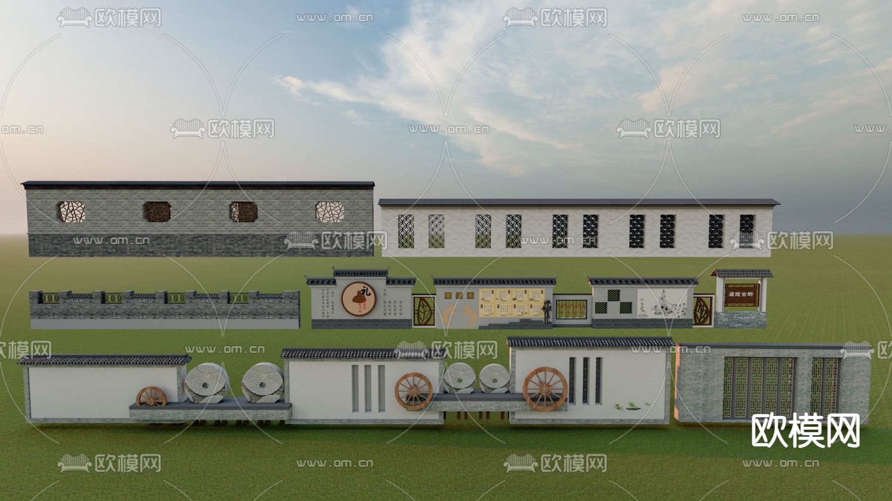 青砖青瓦景墙 花墙 乡村特色景墙 围墙 花墙su模型