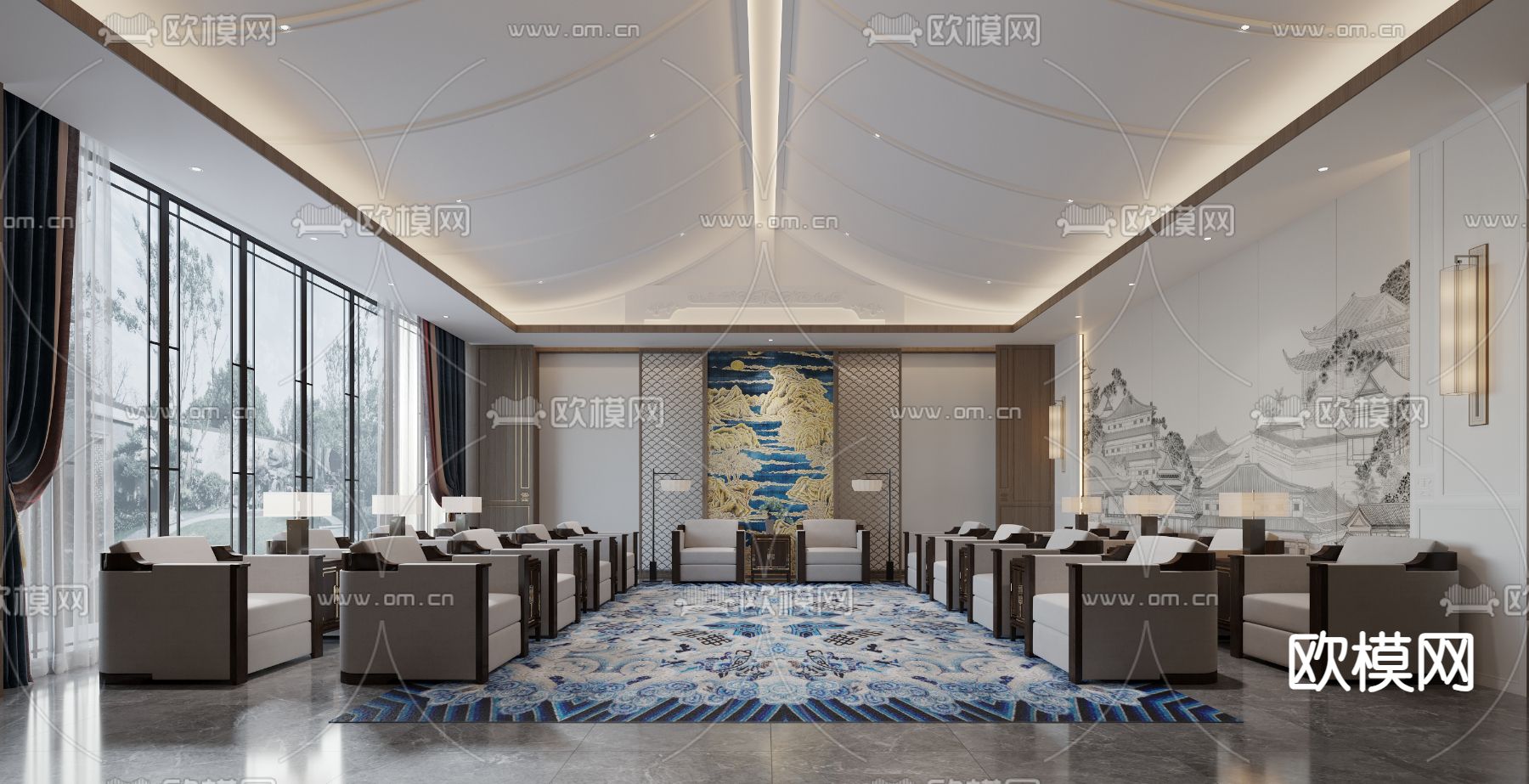 新中式大接待室3d模型下载