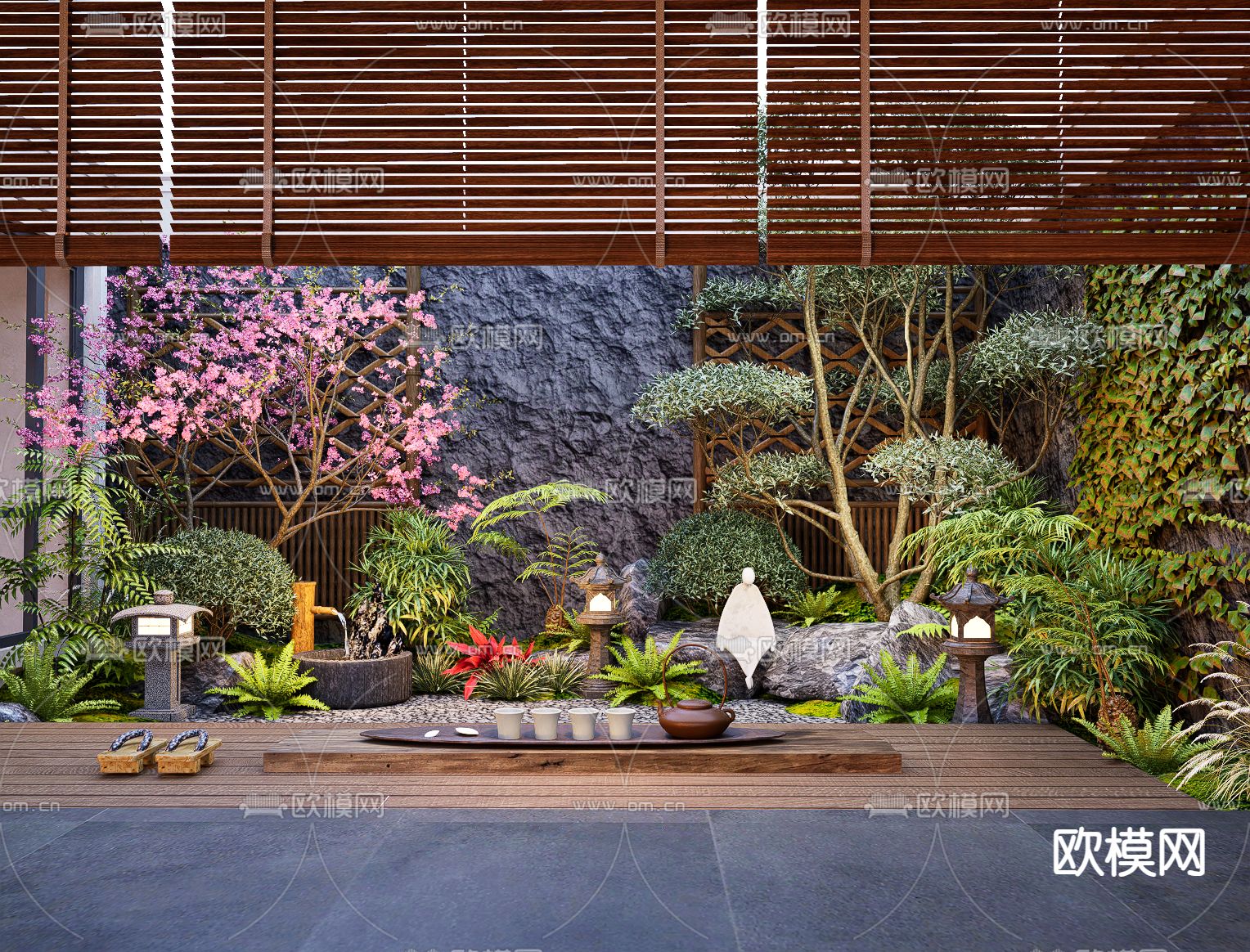 日式庭院花园 天井庭院 植物堆su模型下载（渲染图2）