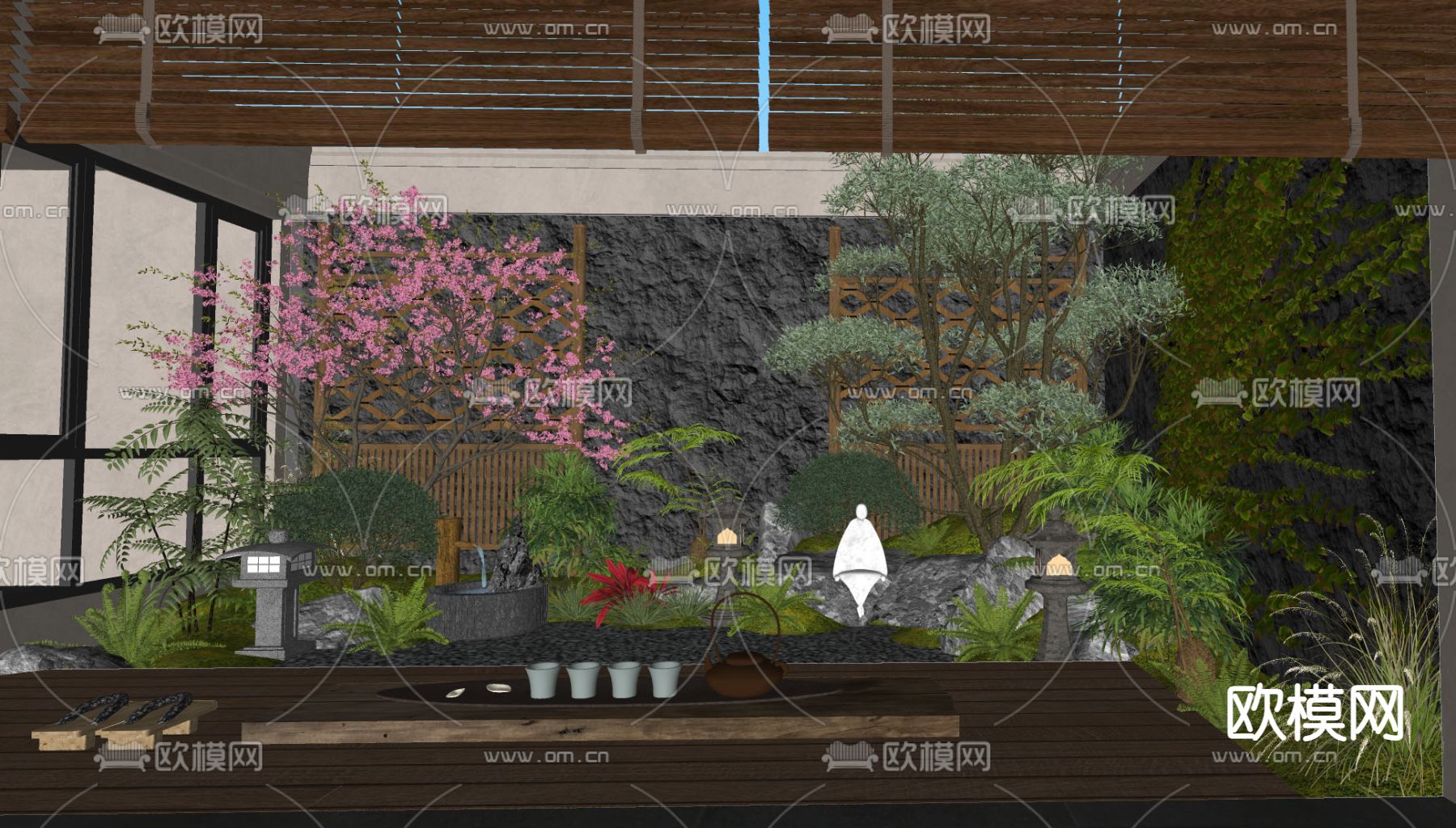 日式庭院花园 天井庭院 植物堆su模型下载（渲染图1）
