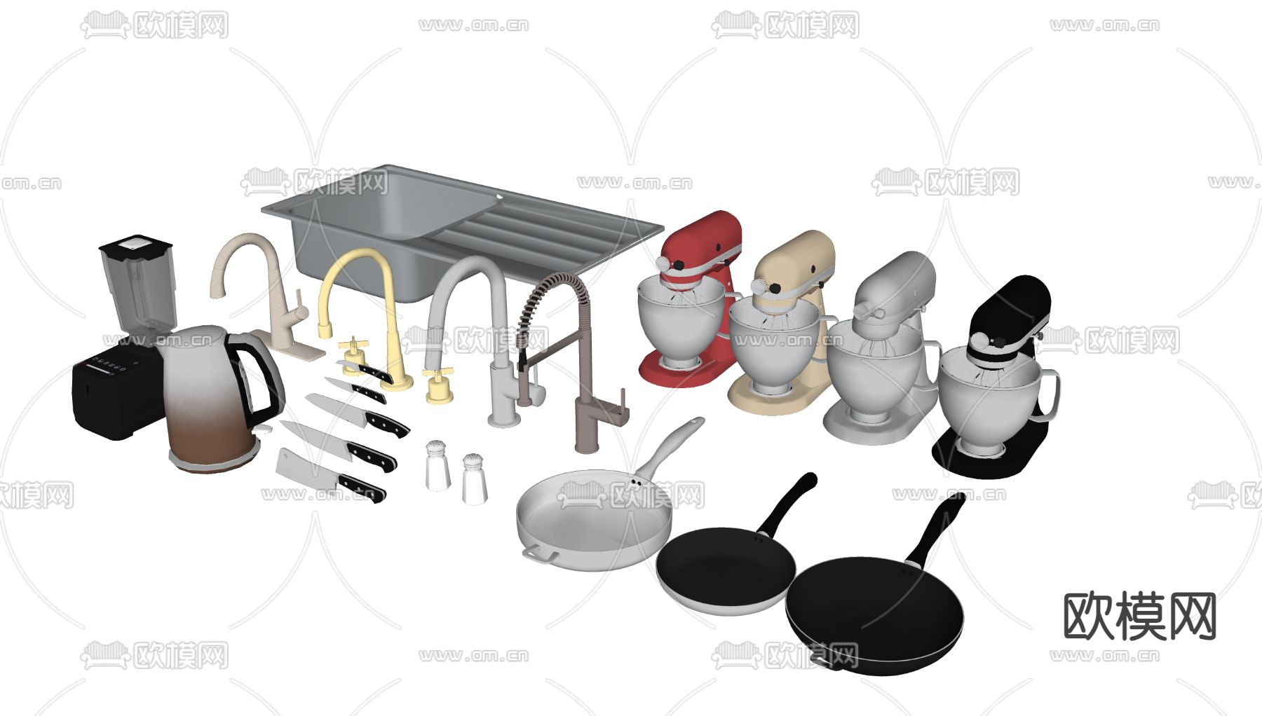 厨房用具 水龙头 刀具 炒锅 咖啡机 餐具su模型下载（渲染图2）
