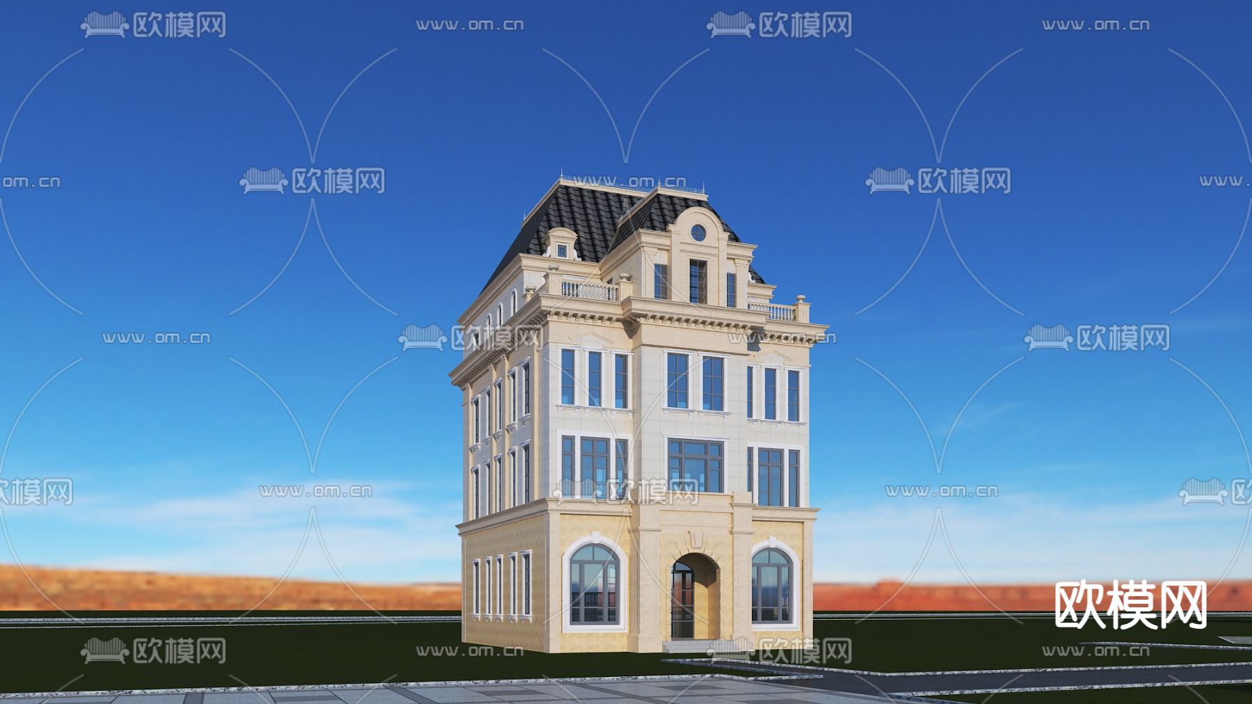 简欧别墅 别墅外观3d模型下载（渲染图2）