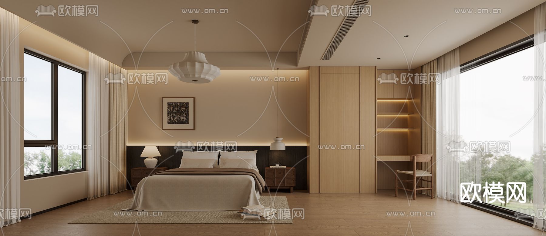 侘寂卧室 主卧 主人房su模型下载（渲染图1）