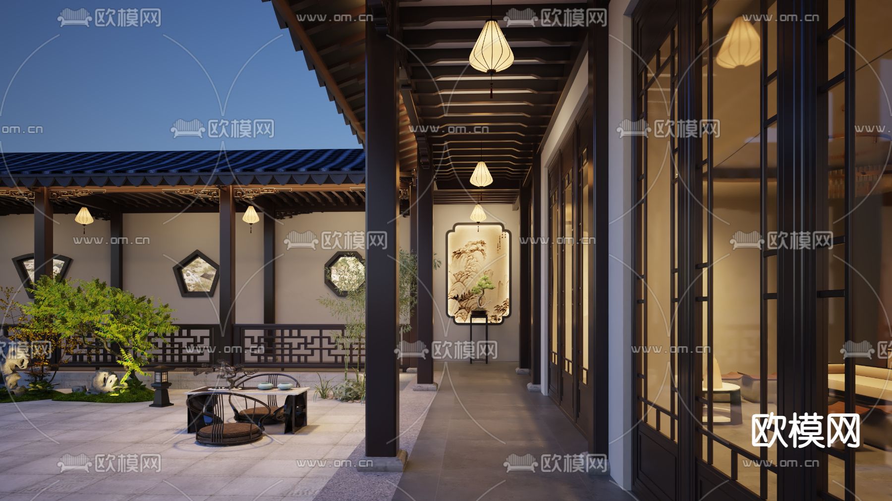 中式徽派长廊 游廊3d模型下载