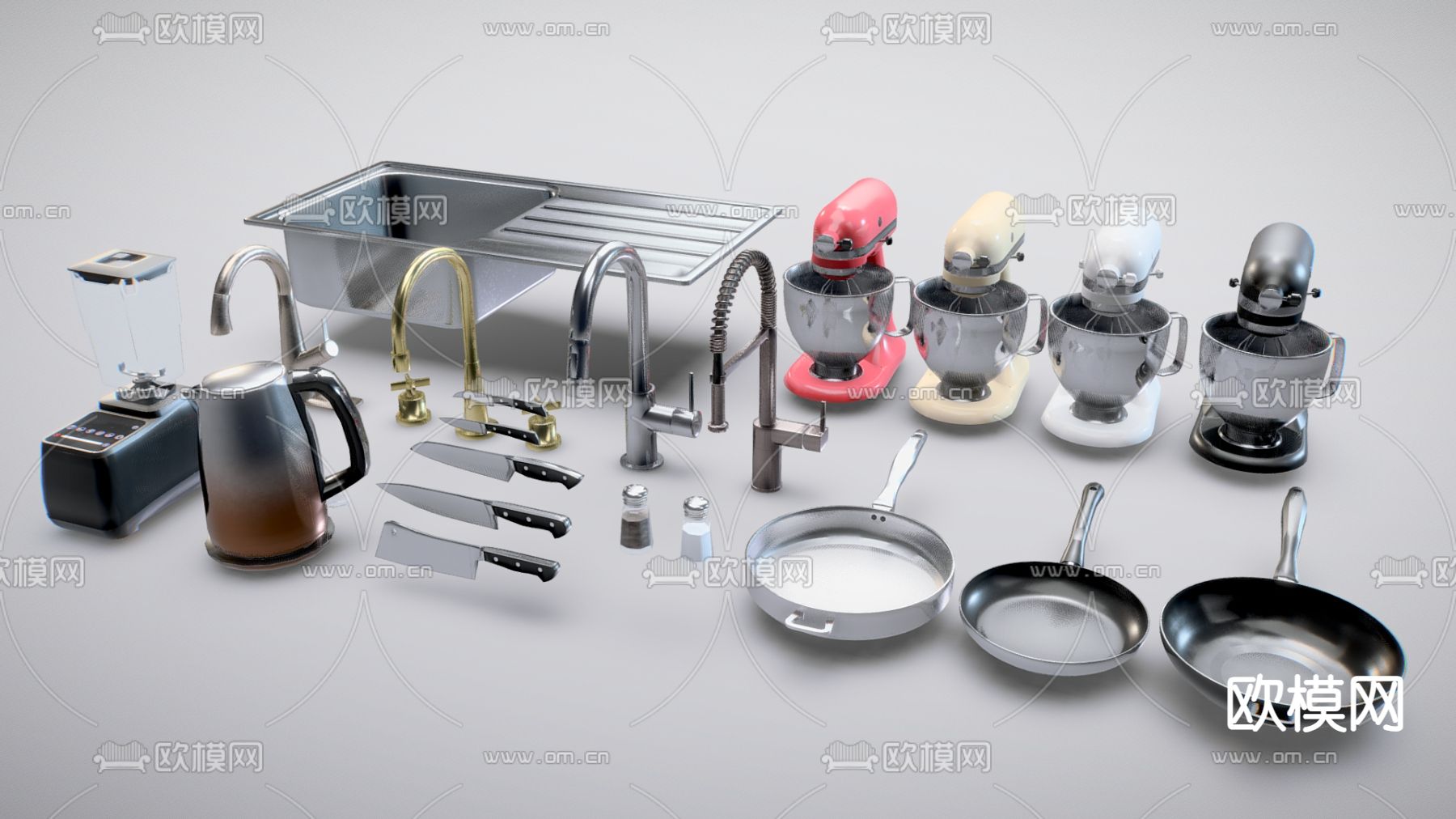 厨房用具 水龙头 刀具 炒锅 咖啡机 餐具su模型下载（渲染图1）
