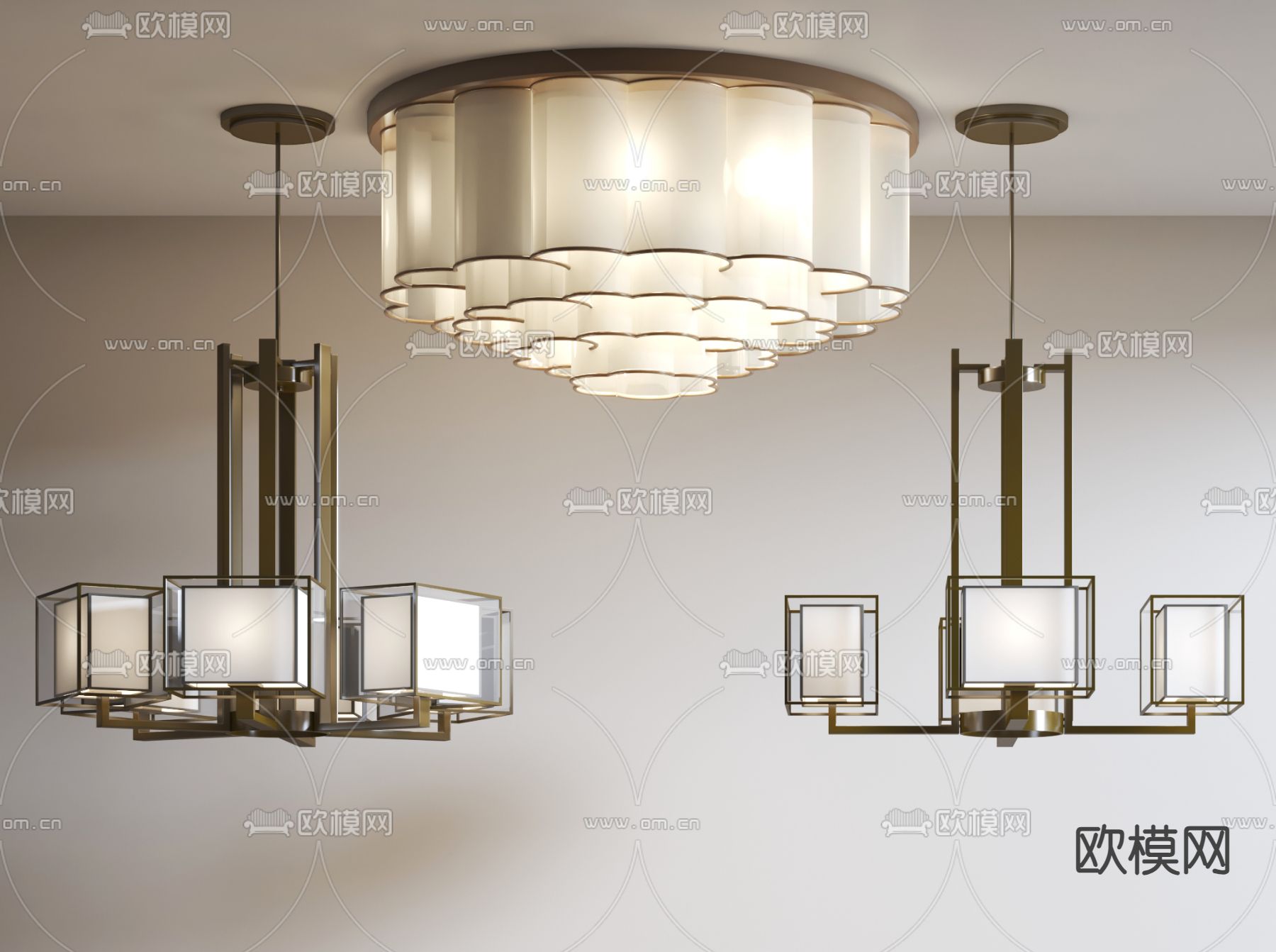 新中式吊灯 吸顶灯su模型下载（渲染图1）