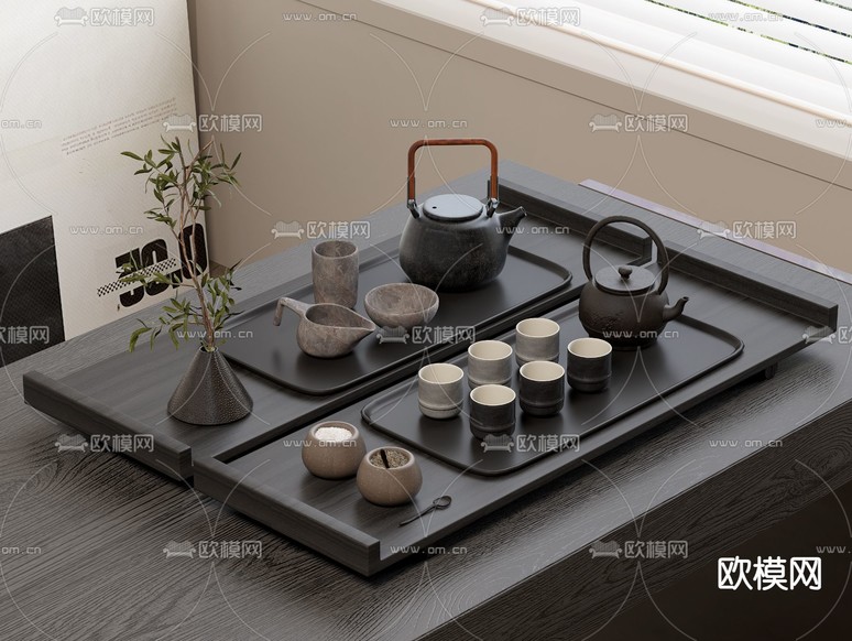 茶具 茶壶 茶杯 茶叶罐 实木托盘su模型下载(渲染图1)