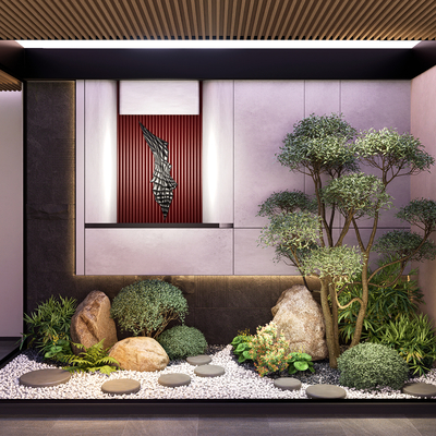  新中式天井景观 造景小品 植物堆su模型 