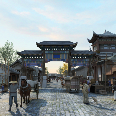  中式商业街 满族情戏台su模型 