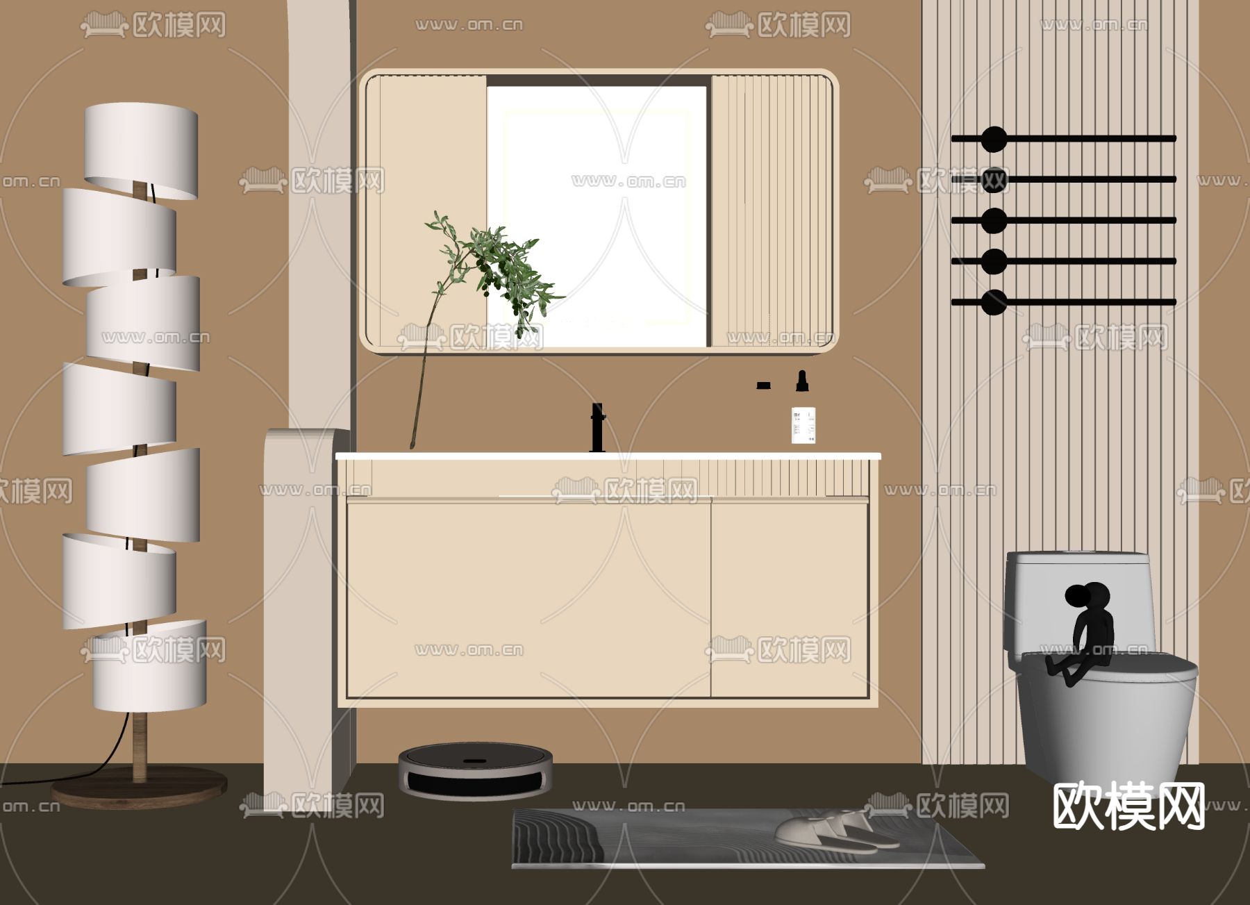 奶油风浴室柜 洗手台su模型下载（渲染图1）