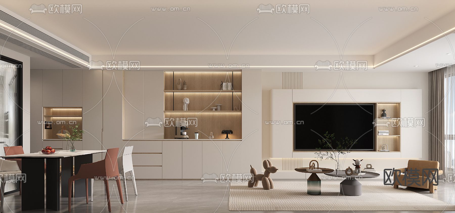 奶油风客餐厅3d模型下载_ID15188187_3dmax免费模型-欧模网