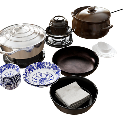  厨具 汤锅 炒锅 盘子 碗 碟子su模型 