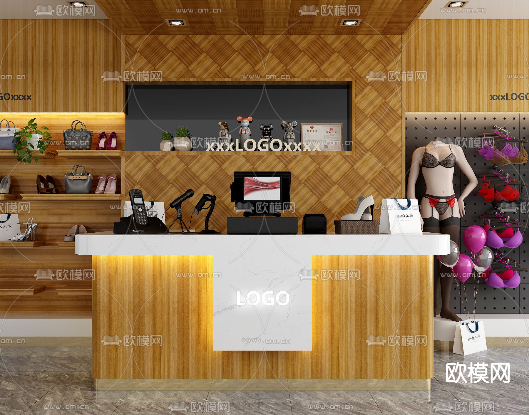 现代服装店收银台 展柜货架3d模型下载（渲染图1）