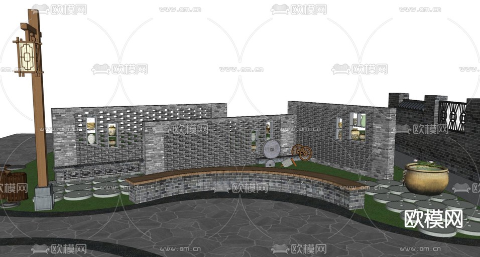 青砖青瓦 矮墙坐凳 青砖青瓦景墙 围墙su模型下载(渲染图2)