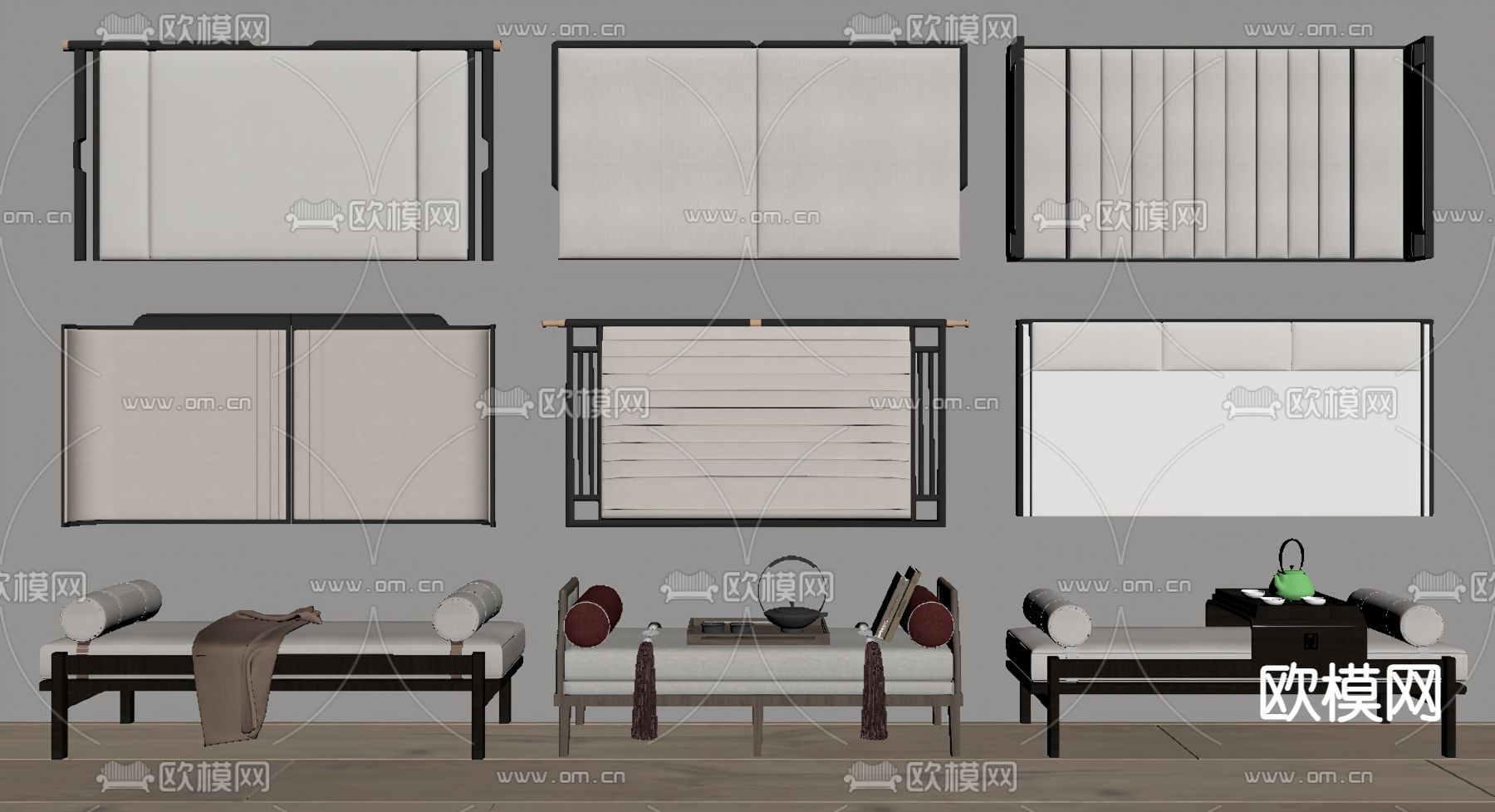 新中式 床头靠背 床尾凳su模型下载（渲染图2）
